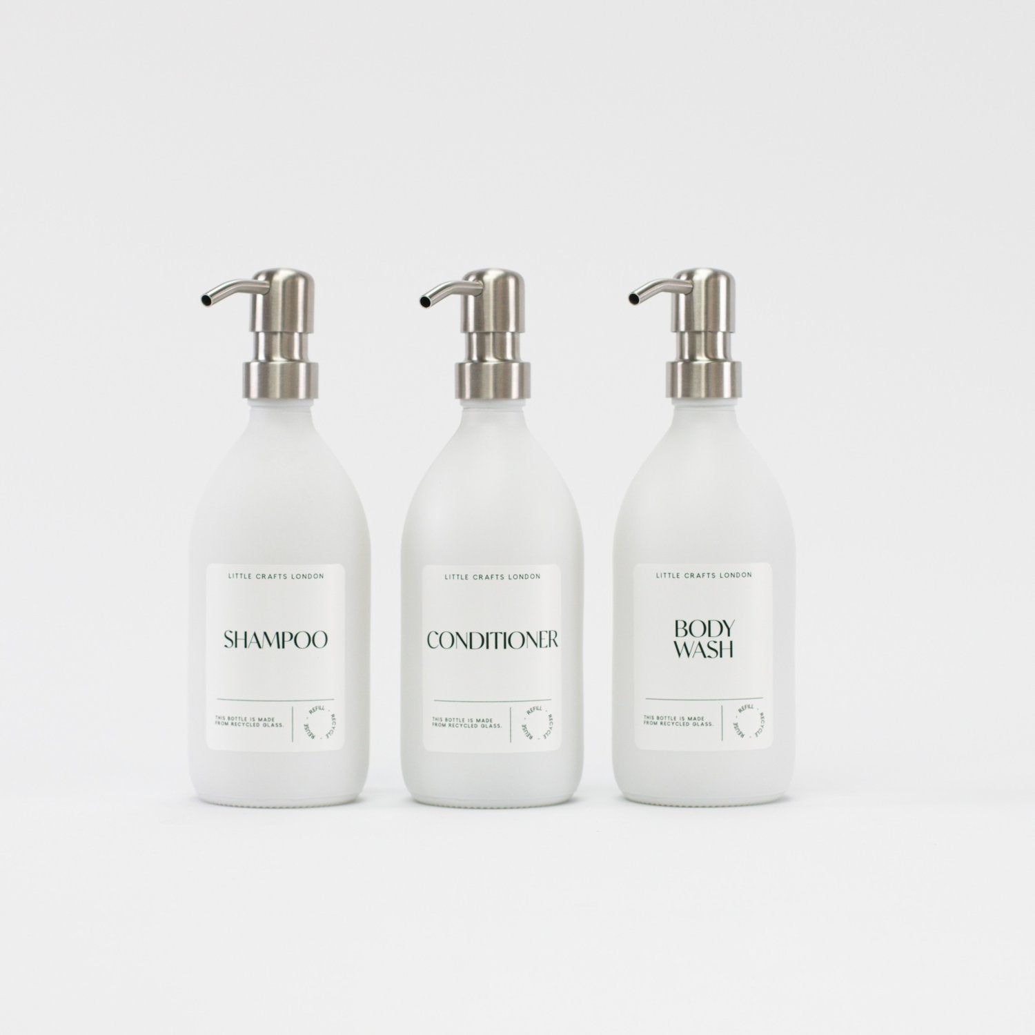 Set of 3 Bathroom Reusable Milky White Glass Bottles 500 ML with Stainless Steel Pump - Little Crafts London