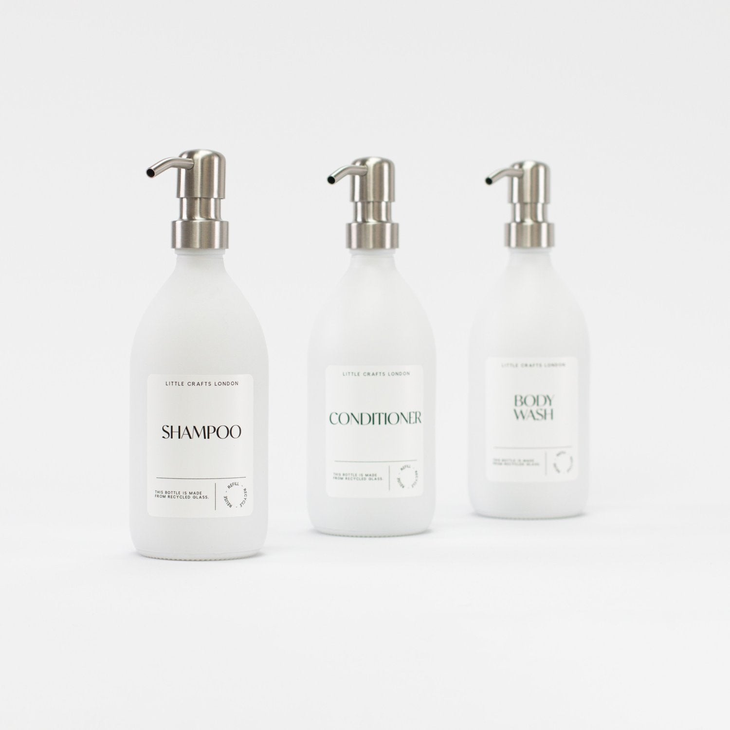 Set of 3 Bathroom Reusable Milky White Glass Bottles 500 ML with Stainless Steel Pump - Little Crafts London