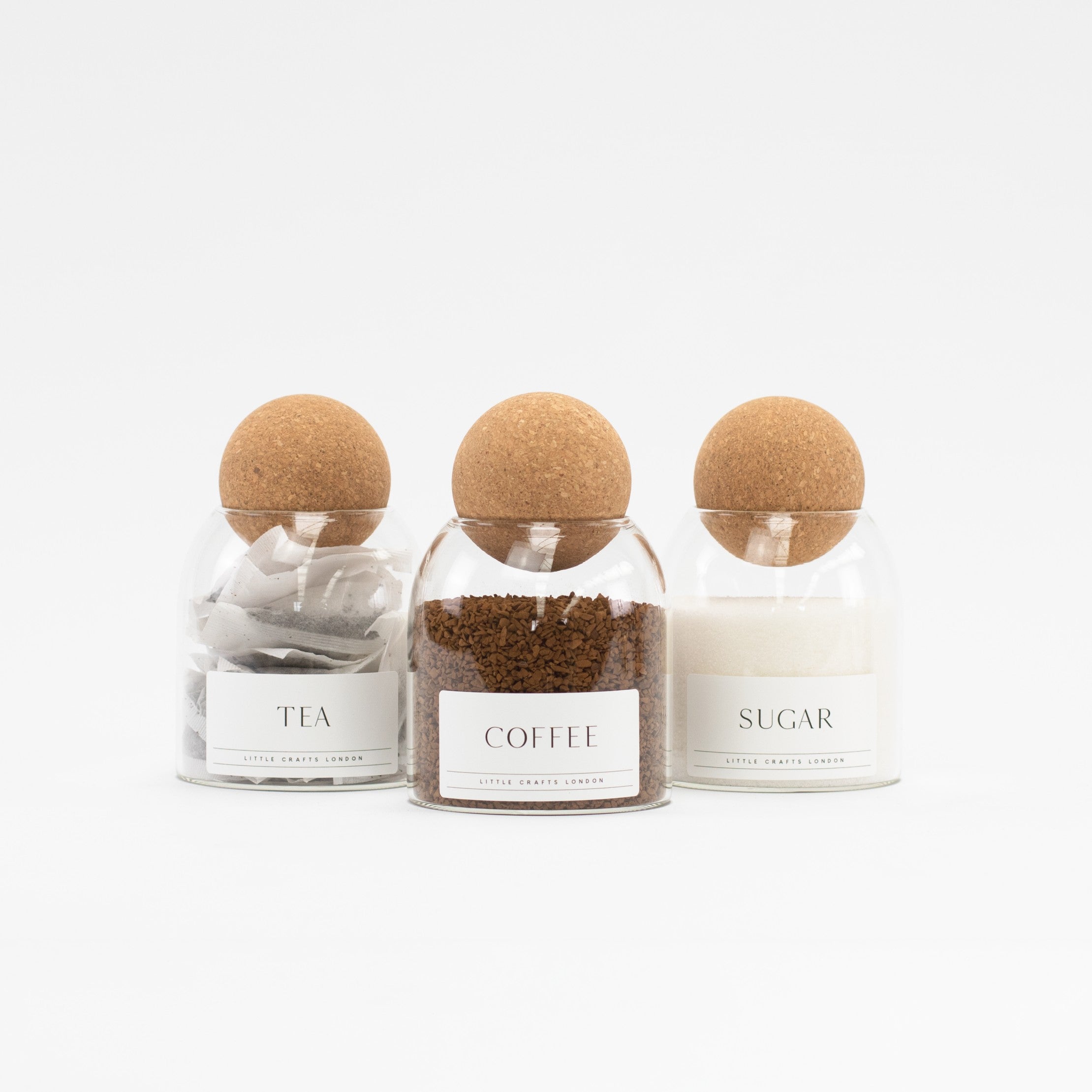 Set of 3 Cork Ball Glass Jars - Tea, Coffee and Sugar 500ml - Little Crafts London