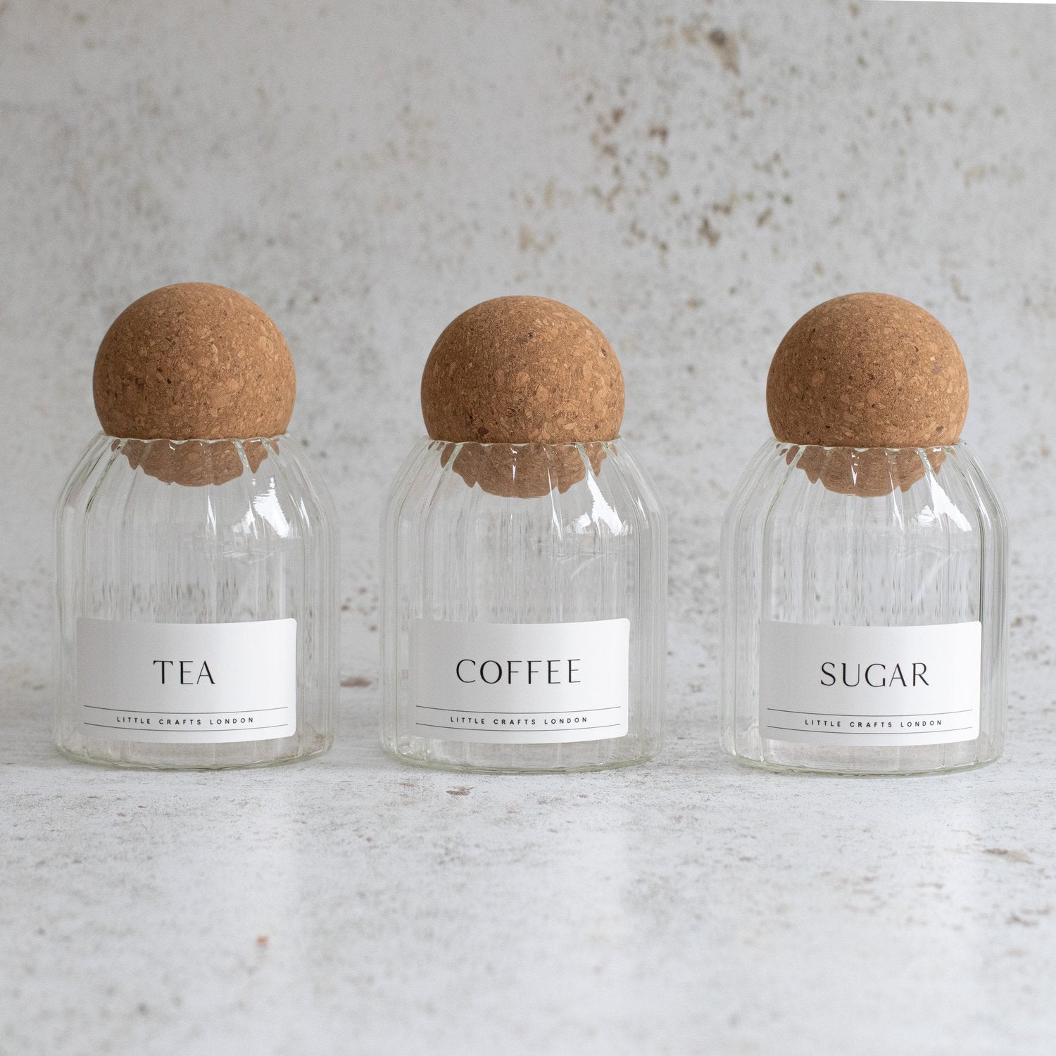 Set of 3 Cork Ball Glass Jars - Tea, Coffee and Sugar 500ml - Ribbed Cork Ball - Little Crafts London