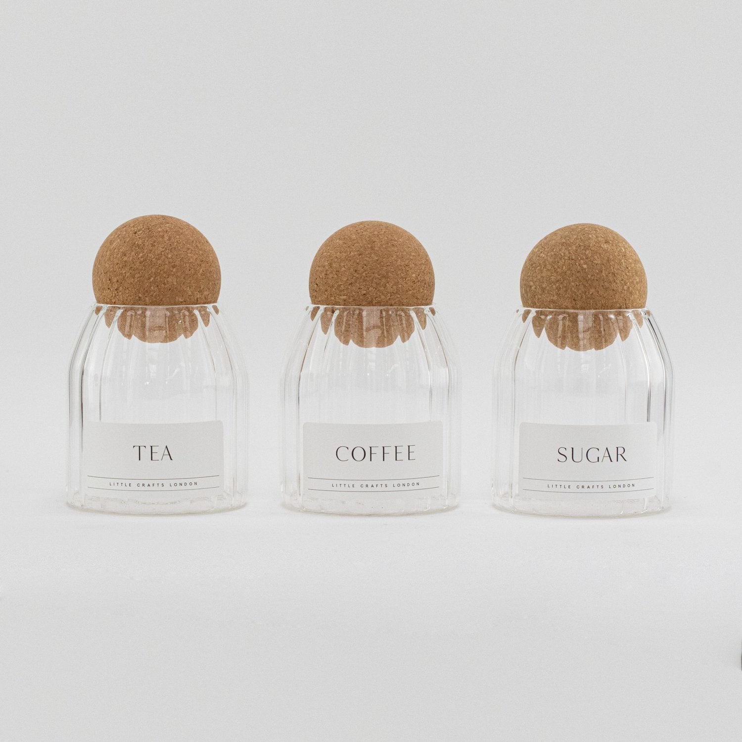 Set of 3 Cork Ball Glass Jars - Tea, Coffee and Sugar 500ml - Ribbed Cork Ball - Little Crafts London