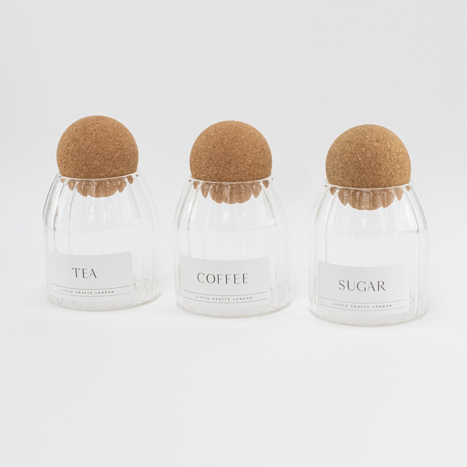 Set of 3 Cork Ball Glass Jars - Tea, Coffee and Sugar 500ml - Ribbed Cork Ball - Little Crafts London