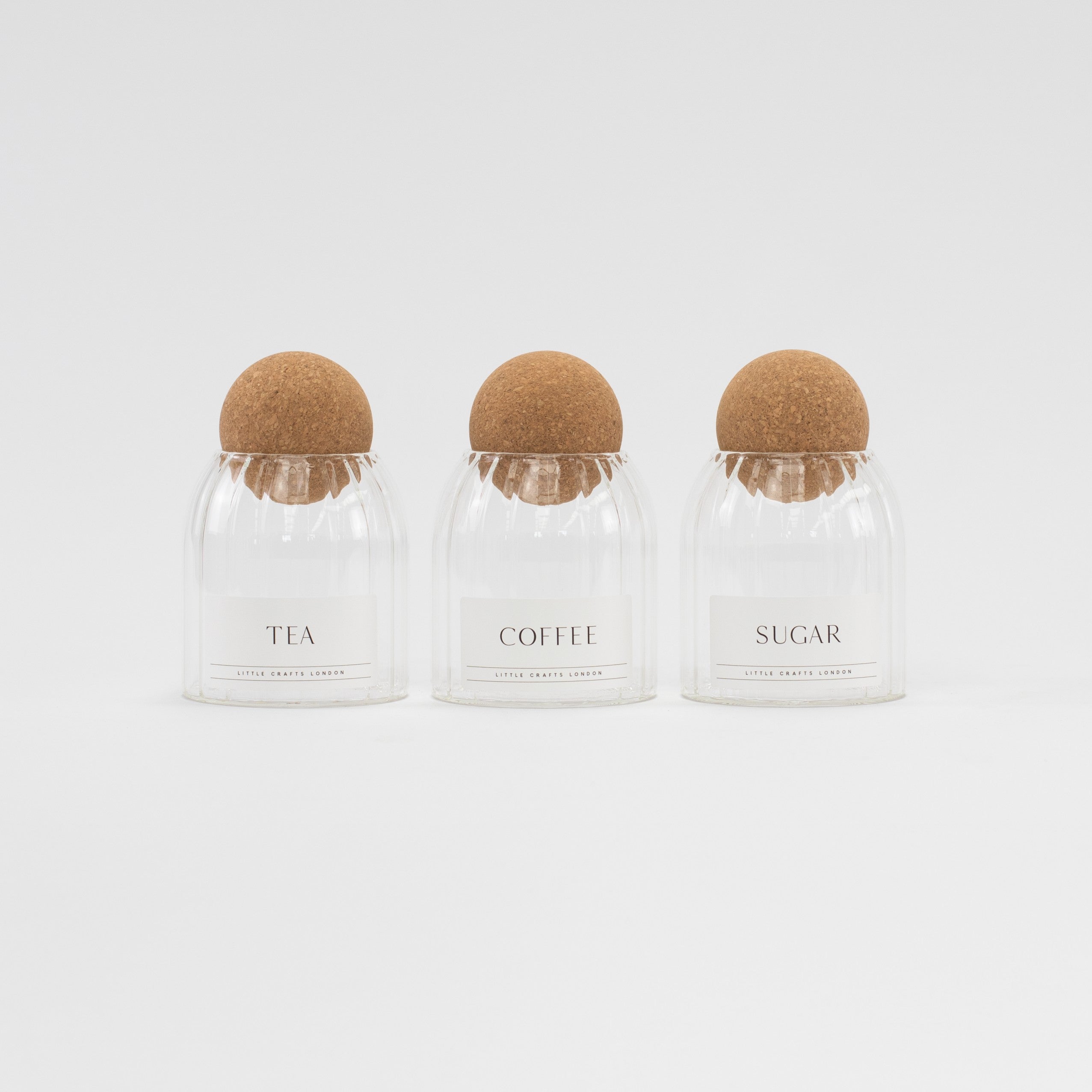 Set of 3 Cork Ball Glass Jars - Tea, Coffee and Sugar 500ml - Ribbed Cork Ball - Little Crafts London