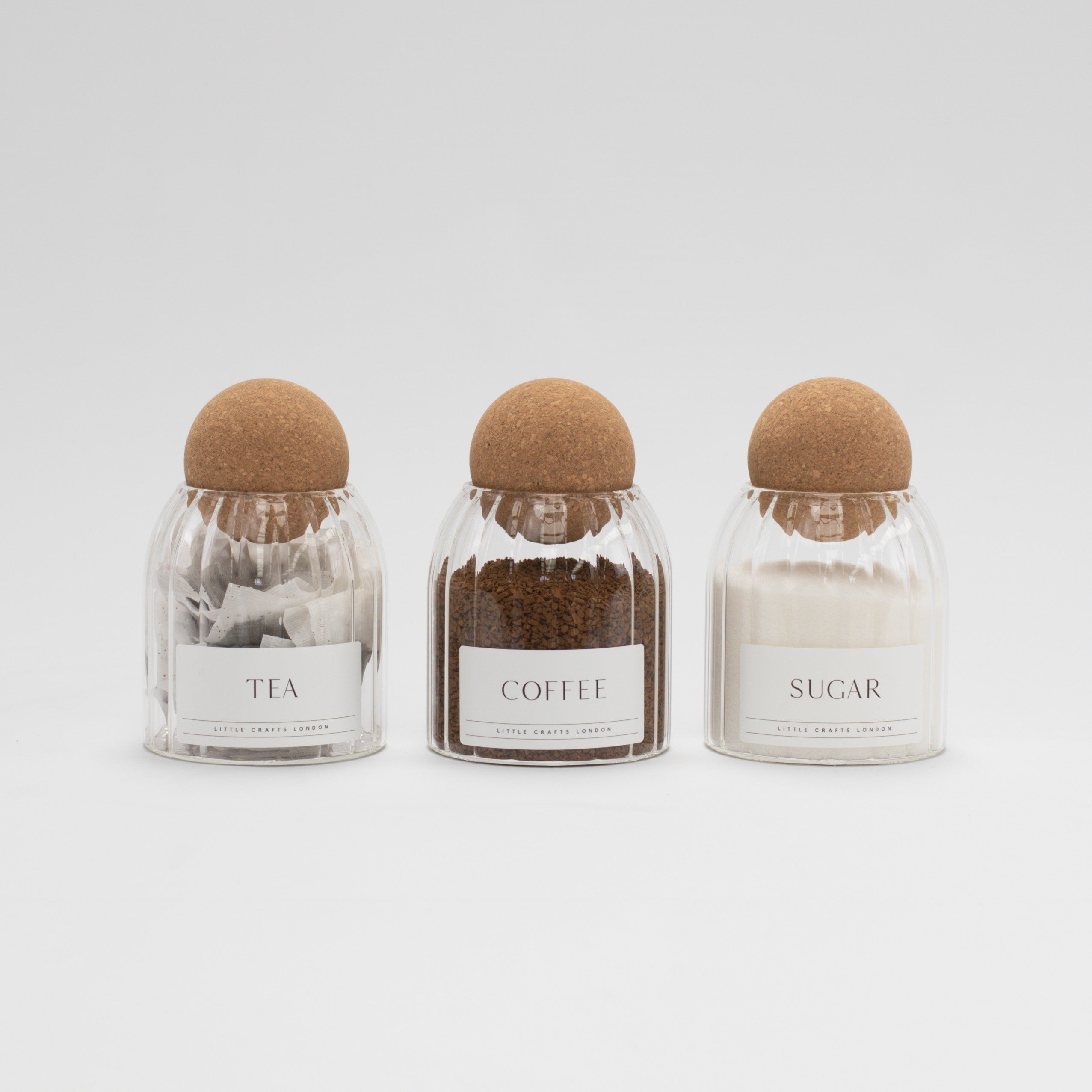 Set of 3 Cork Ball Glass Jars - Tea, Coffee and Sugar 500ml - Ribbed Cork Ball - Little Crafts London