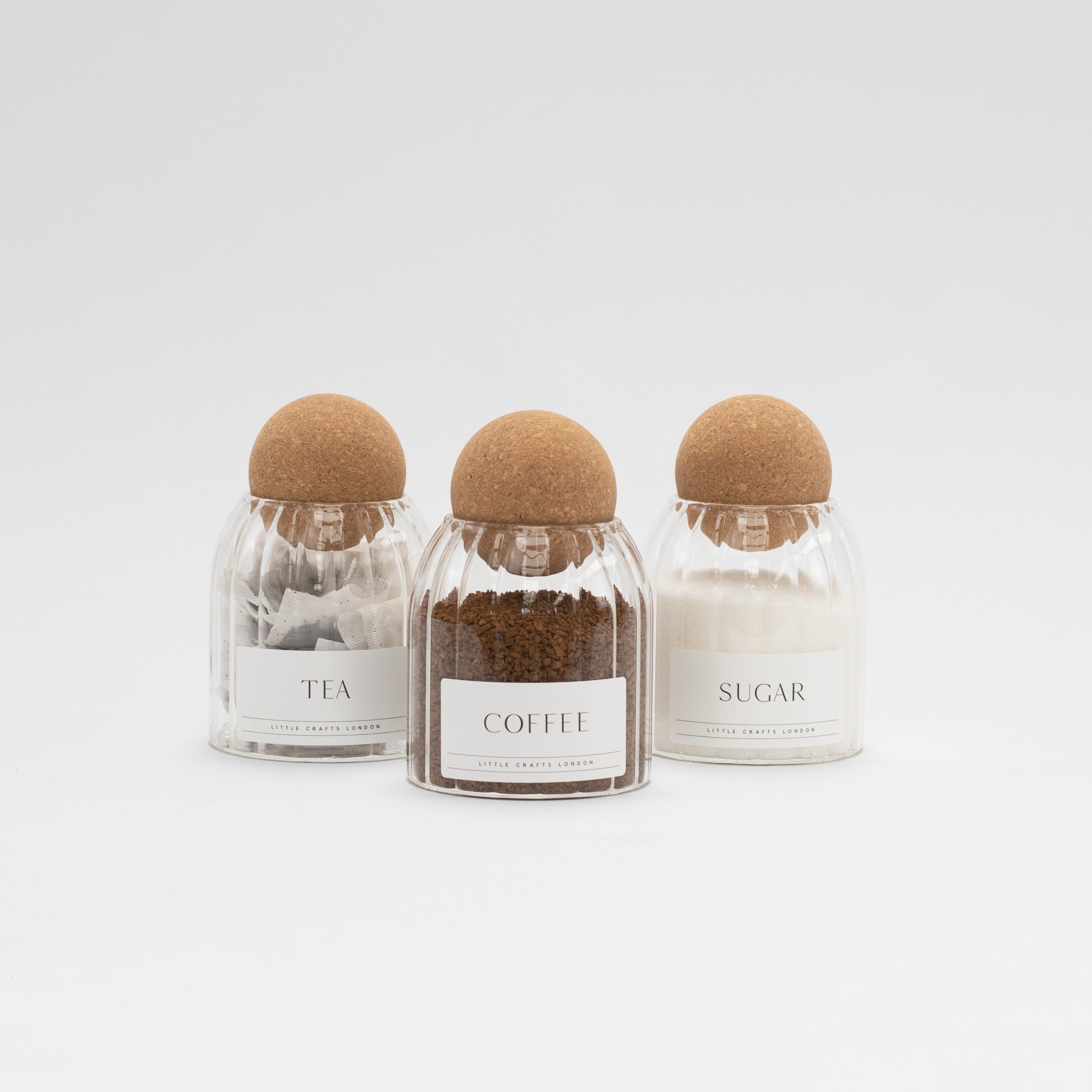 Set of 3 Cork Ball Glass Jars - Tea, Coffee and Sugar 500ml - Ribbed Cork Ball - Little Crafts London