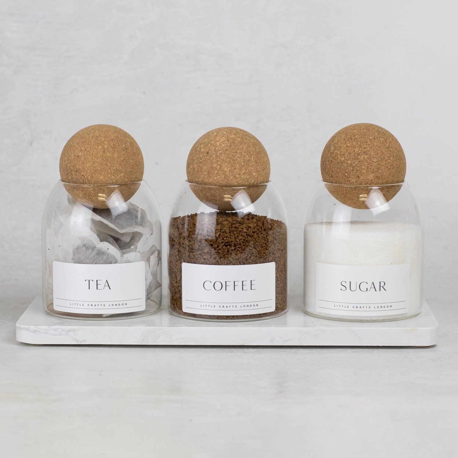 Set of 3 Cork Ball Glass Jars - Tea, Coffee and Sugar 500ml with Long Tray - Little Crafts London
