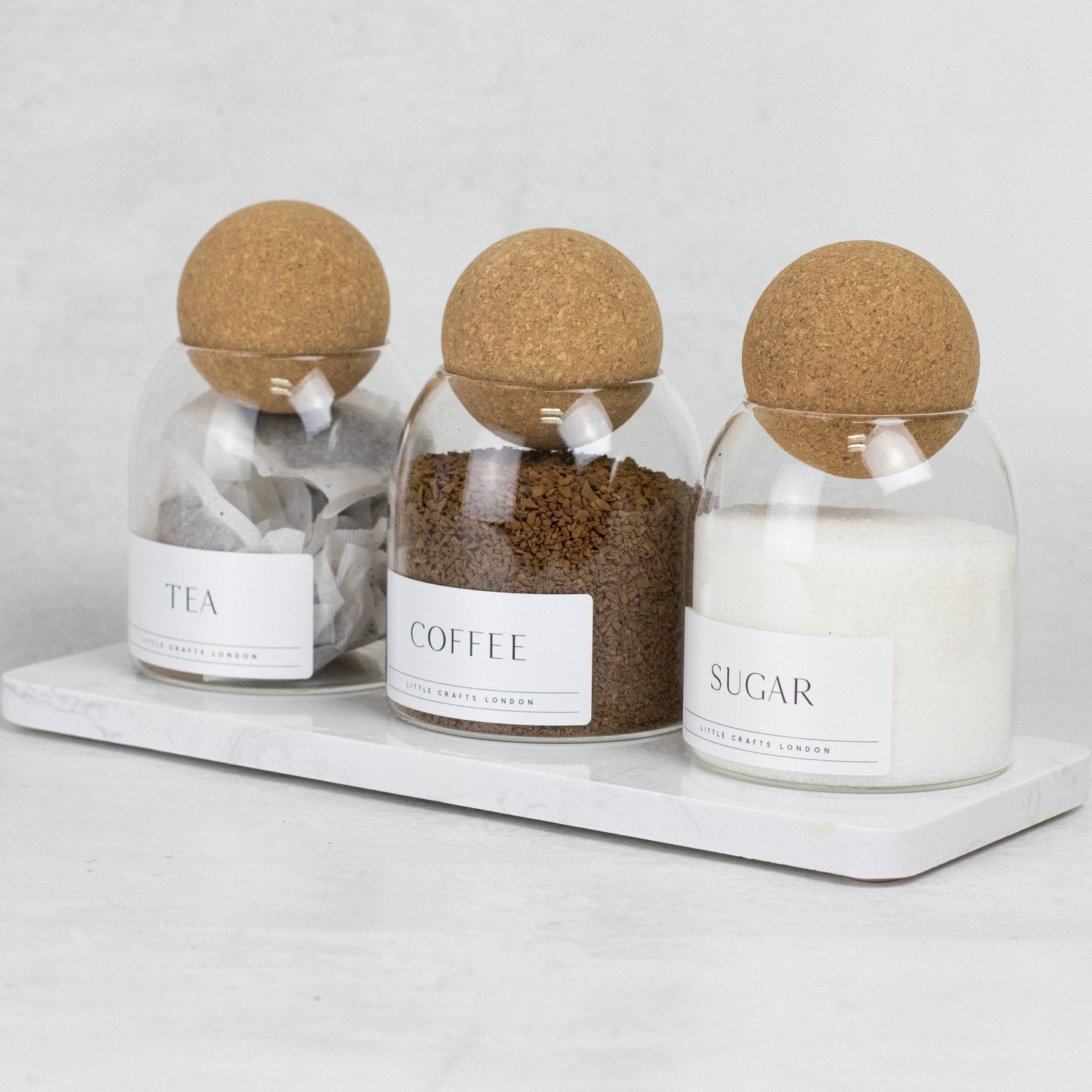 Set of 3 Cork Ball Glass Jars - Tea, Coffee and Sugar 500ml with Long Tray - Little Crafts London
