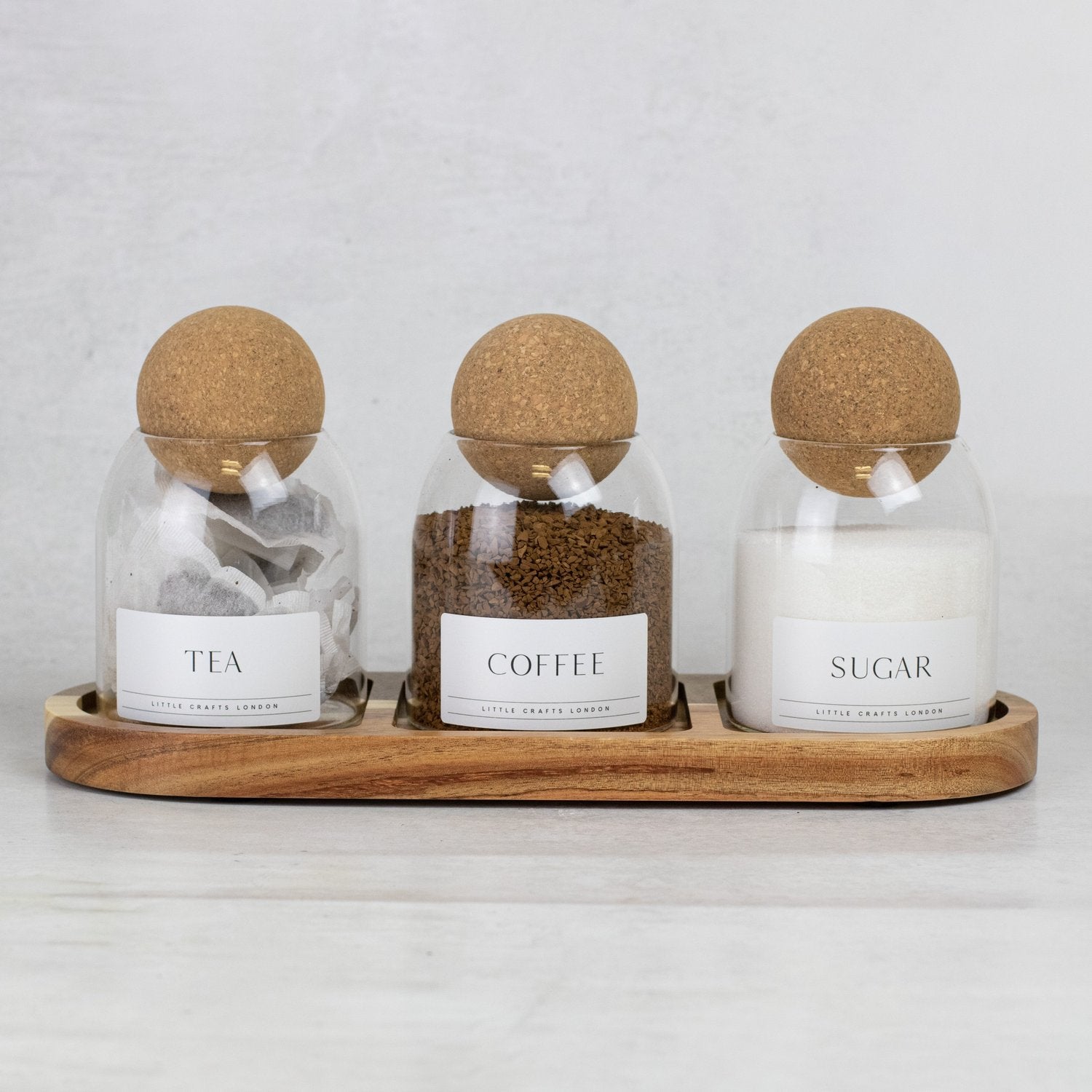 Set of 3 Cork Ball Glass Jars - Tea, Coffee and Sugar 500ml with Long Tray - Little Crafts London