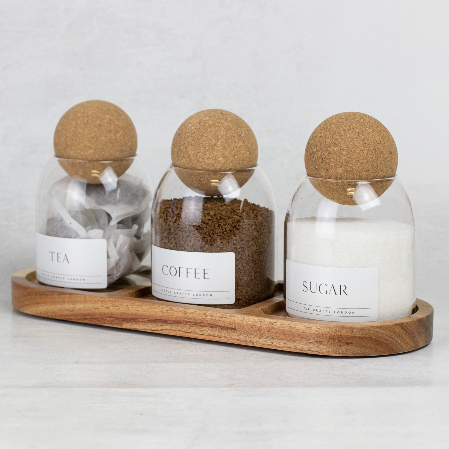 Set of 3 Cork Ball Glass Jars - Tea, Coffee and Sugar 500ml with Long Tray - Little Crafts London