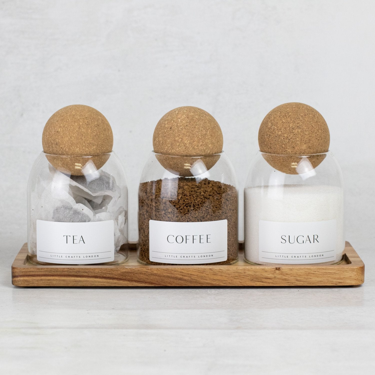 Set of 3 Cork Ball Glass Jars - Tea, Coffee and Sugar 500ml with Long Tray - Little Crafts London