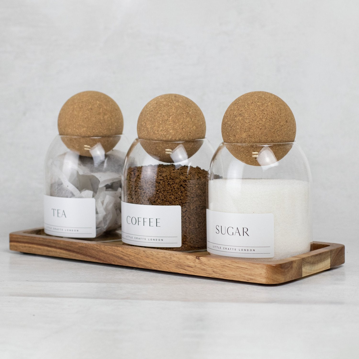Set of 3 Cork Ball Glass Jars - Tea, Coffee and Sugar 500ml with Long Tray - Little Crafts London