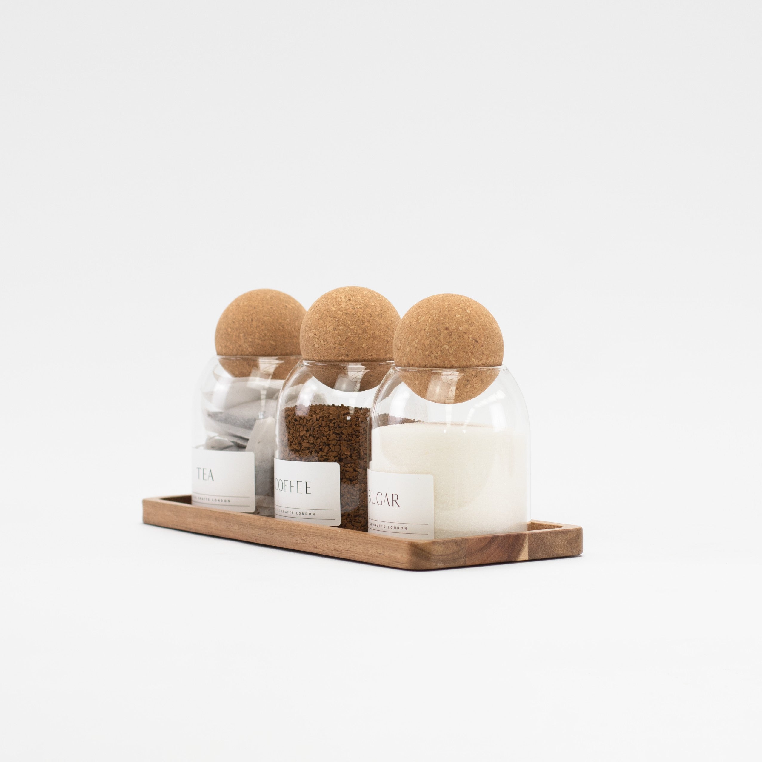 Set of 3 Cork Ball Glass Jars - Tea, Coffee and Sugar 500ml with Long Tray - Little Crafts London
