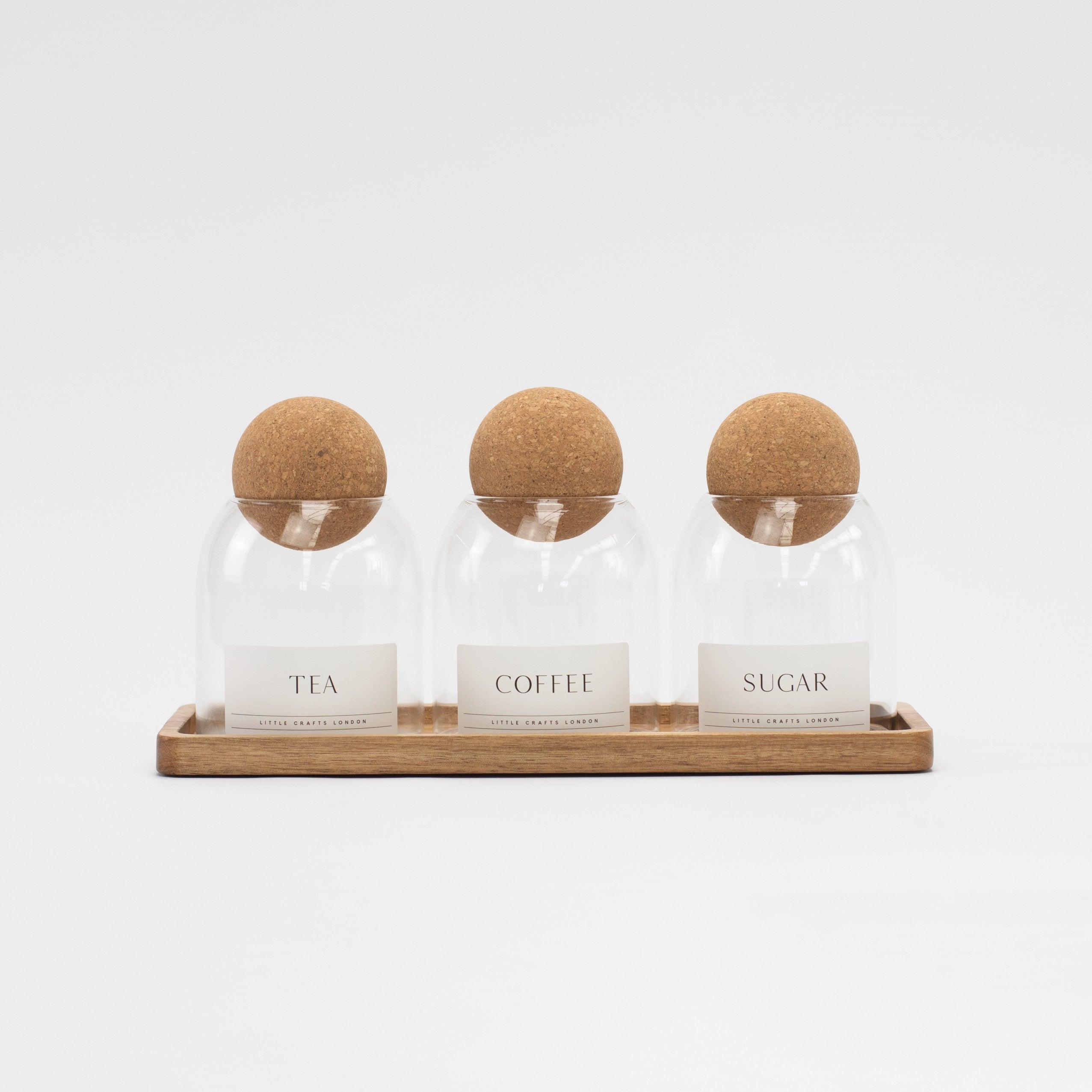 Set of 3 Cork Ball Glass Jars - Tea, Coffee and Sugar 500ml with Long Tray - Little Crafts London