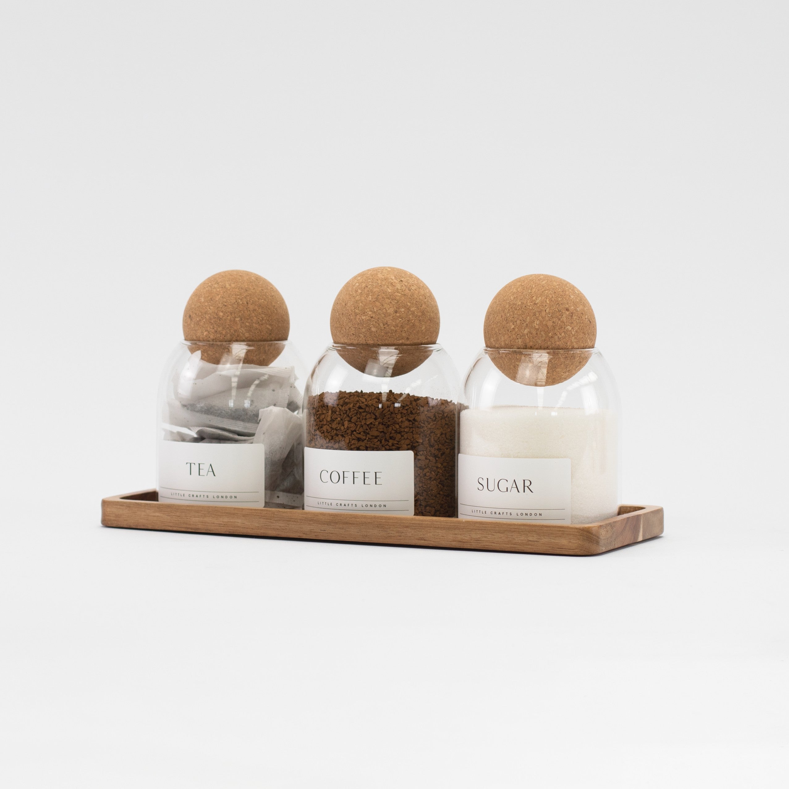 Set of 3 Cork Ball Glass Jars - Tea, Coffee and Sugar 500ml with Long Tray - Little Crafts London