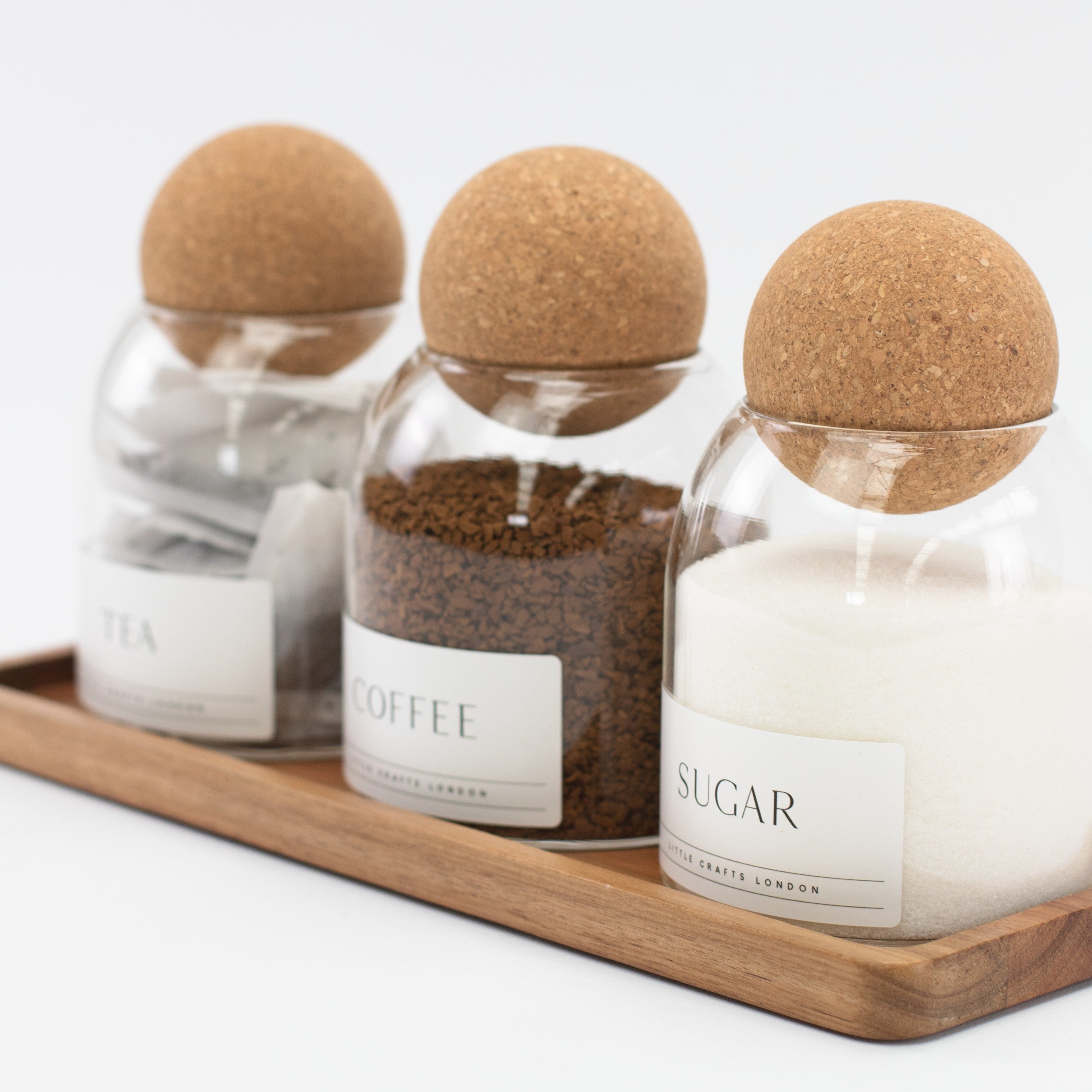 Set of 3 Cork Ball Glass Jars - Tea, Coffee and Sugar 500ml with Long Tray - Little Crafts London