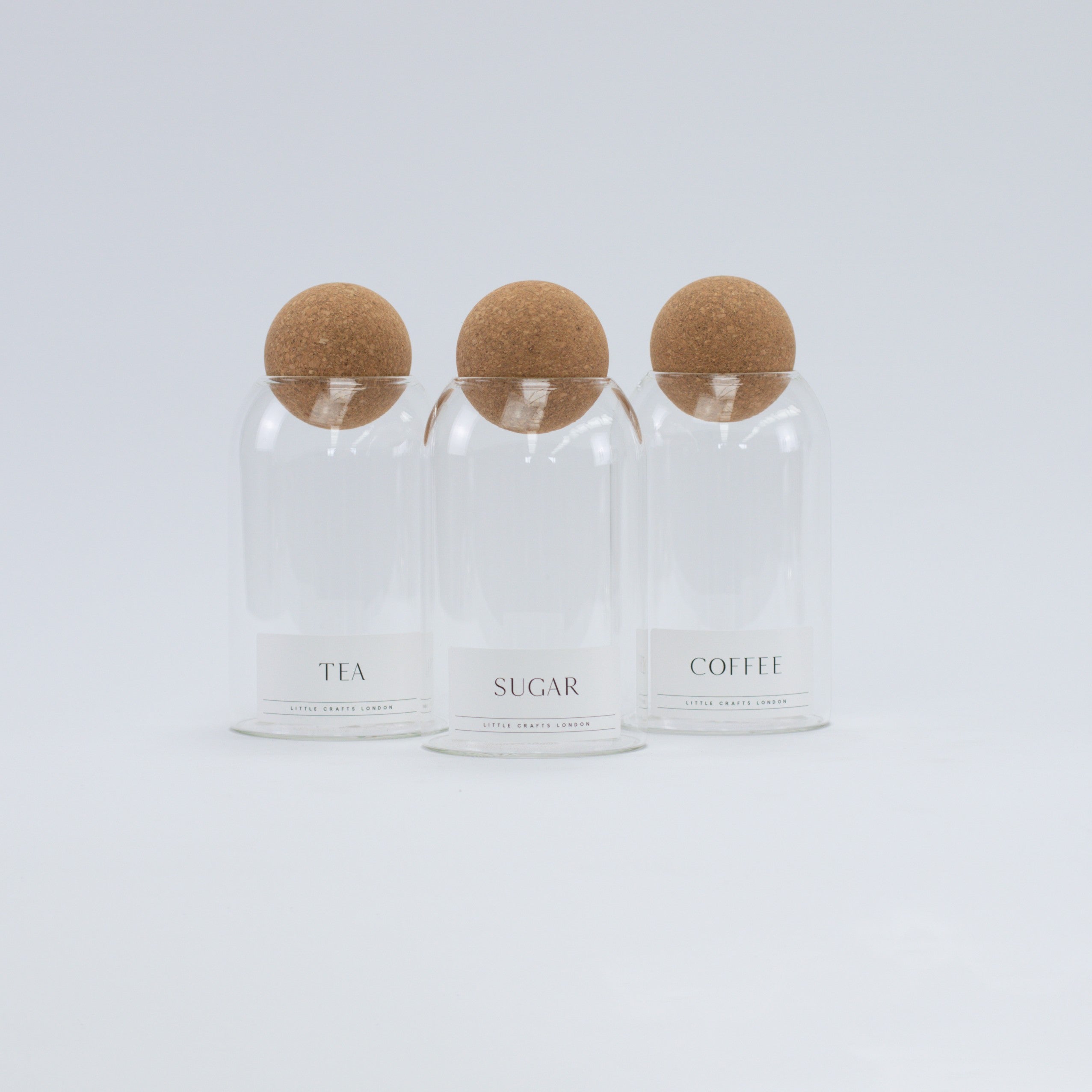 Set of 3 Cork Ball Glass Jars - Tea, Coffee and Sugar 800ml - Little Crafts London