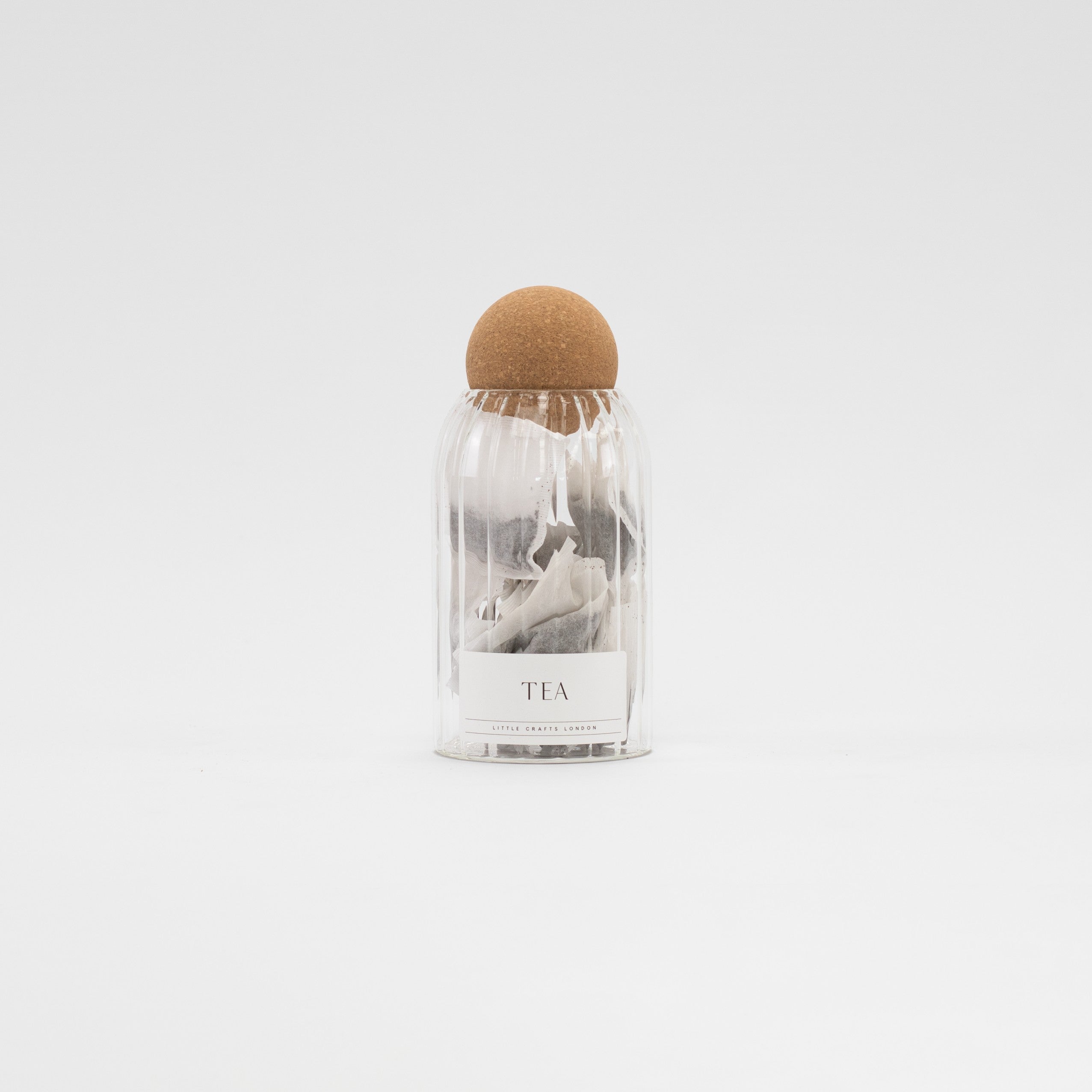 Set of 3 Cork Ball Glass Jars - Tea, Coffee and Sugar 800ml Ribbed - Little Crafts London