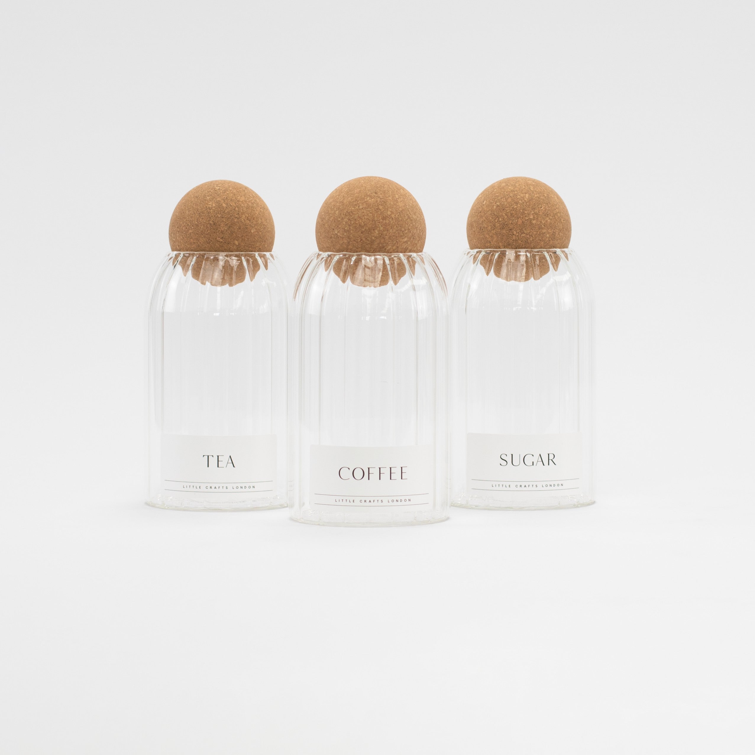 Set of 3 Cork Ball Glass Jars - Tea, Coffee and Sugar 800ml Ribbed - Little Crafts London