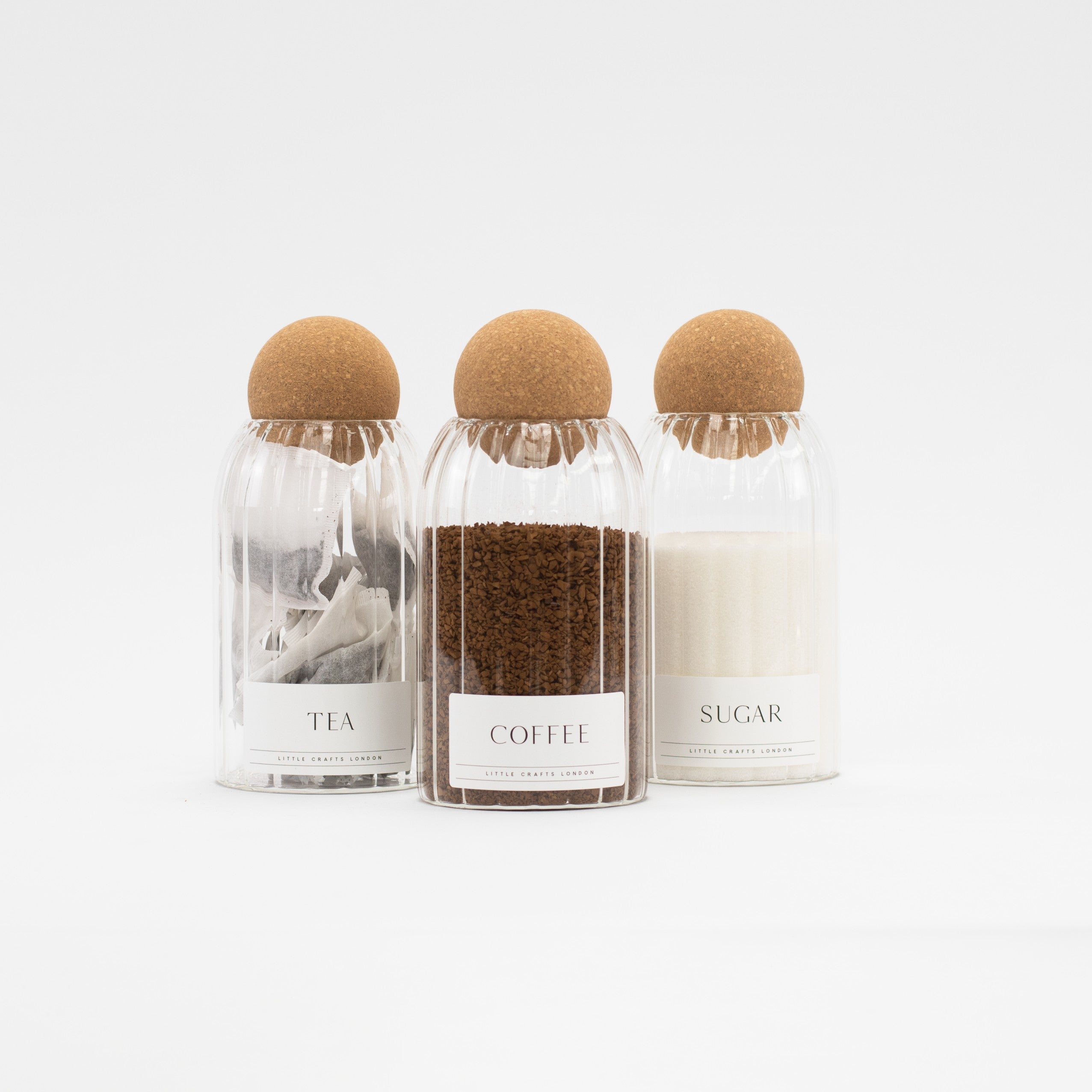 Set of 3 Ribbed Cork Ball Glass Jars - Tea, Coffee and Sugar 800ml with Long Rectangle Tray - Little Crafts London