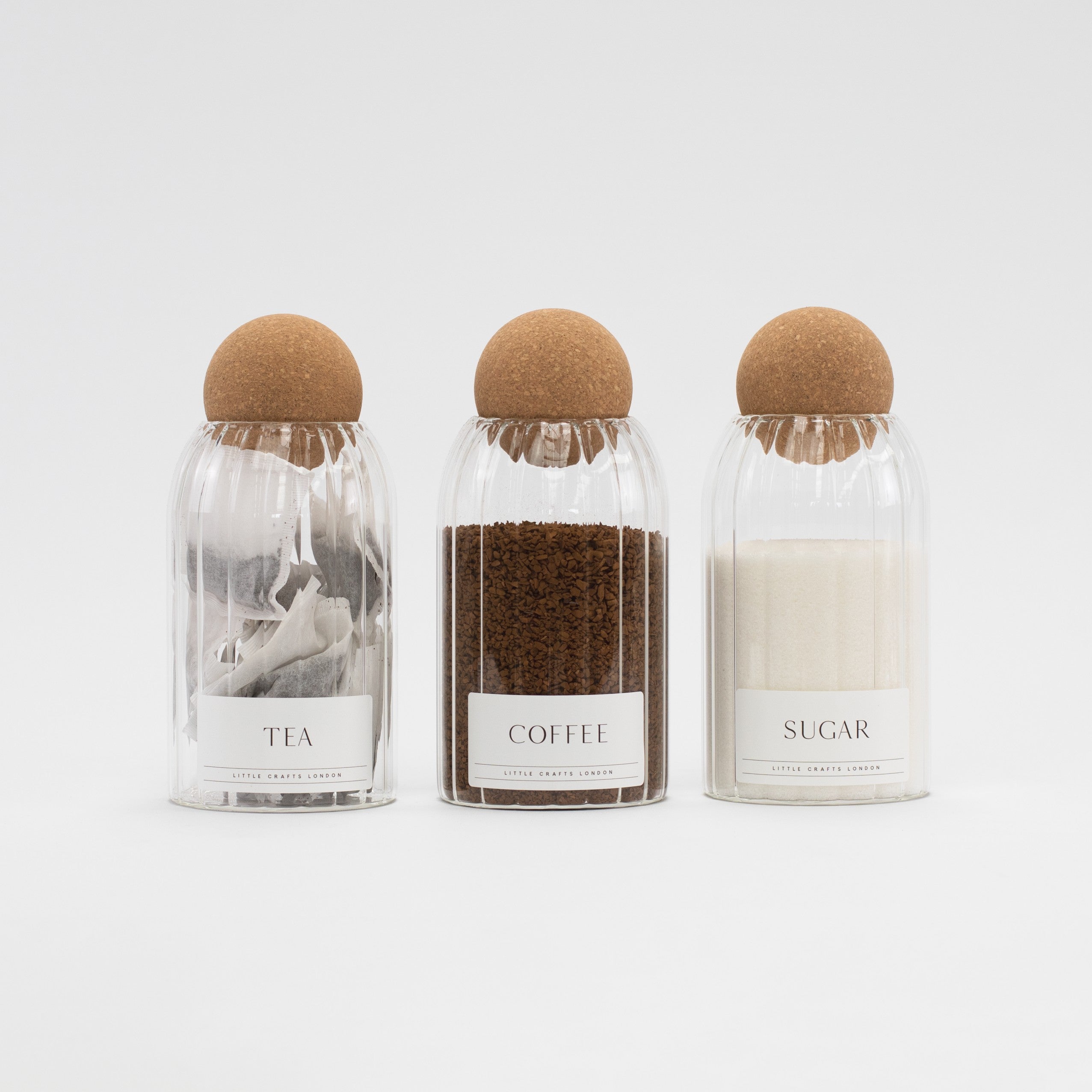 Set of 3 Ribbed Cork Ball Glass Jars - Tea, Coffee and Sugar 800ml with Long Rectangle Tray - Little Crafts London