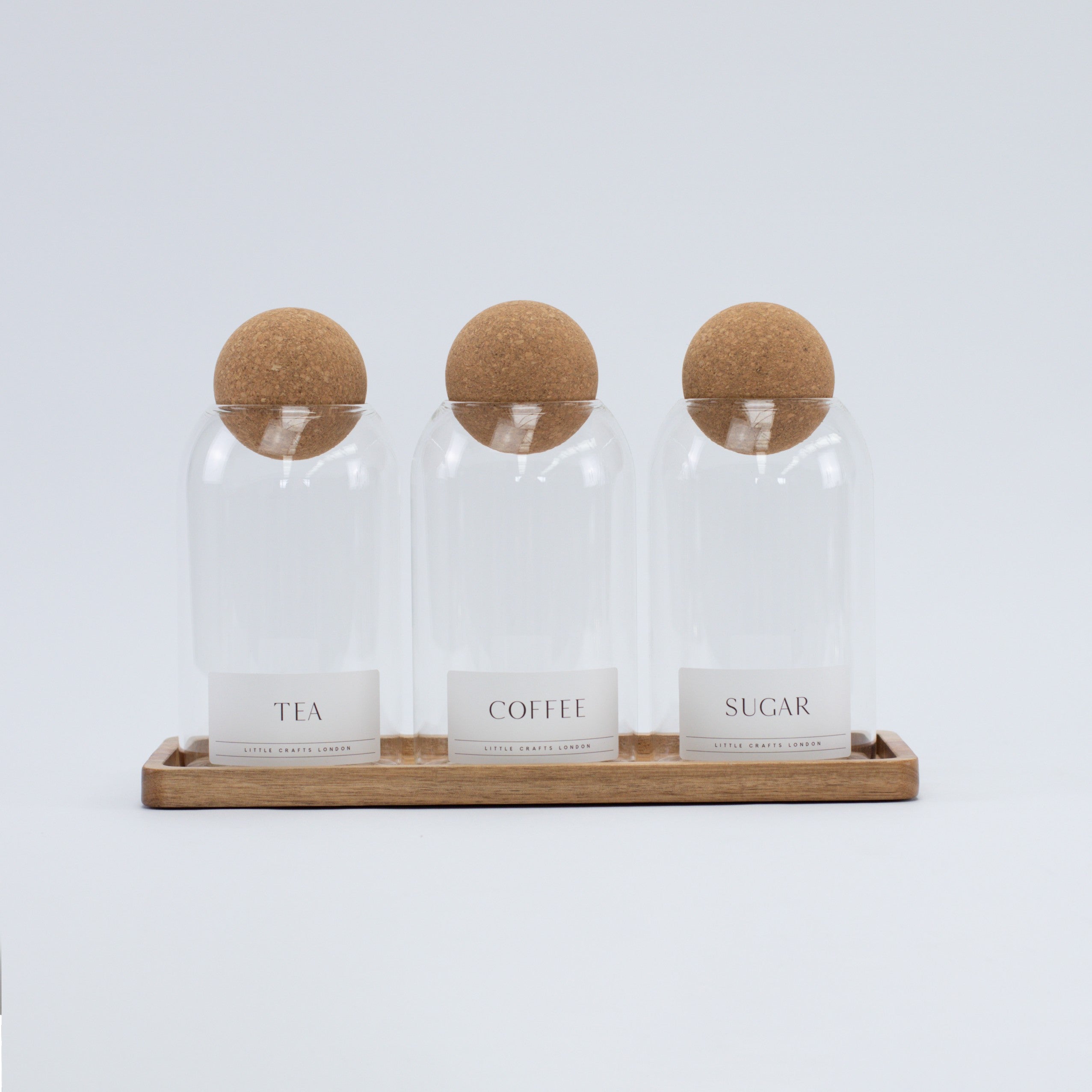 Set of 3 Cork Ball Glass Jars - Tea, Coffee and Sugar 800ml with Long Rectangle Tray - Little Crafts London