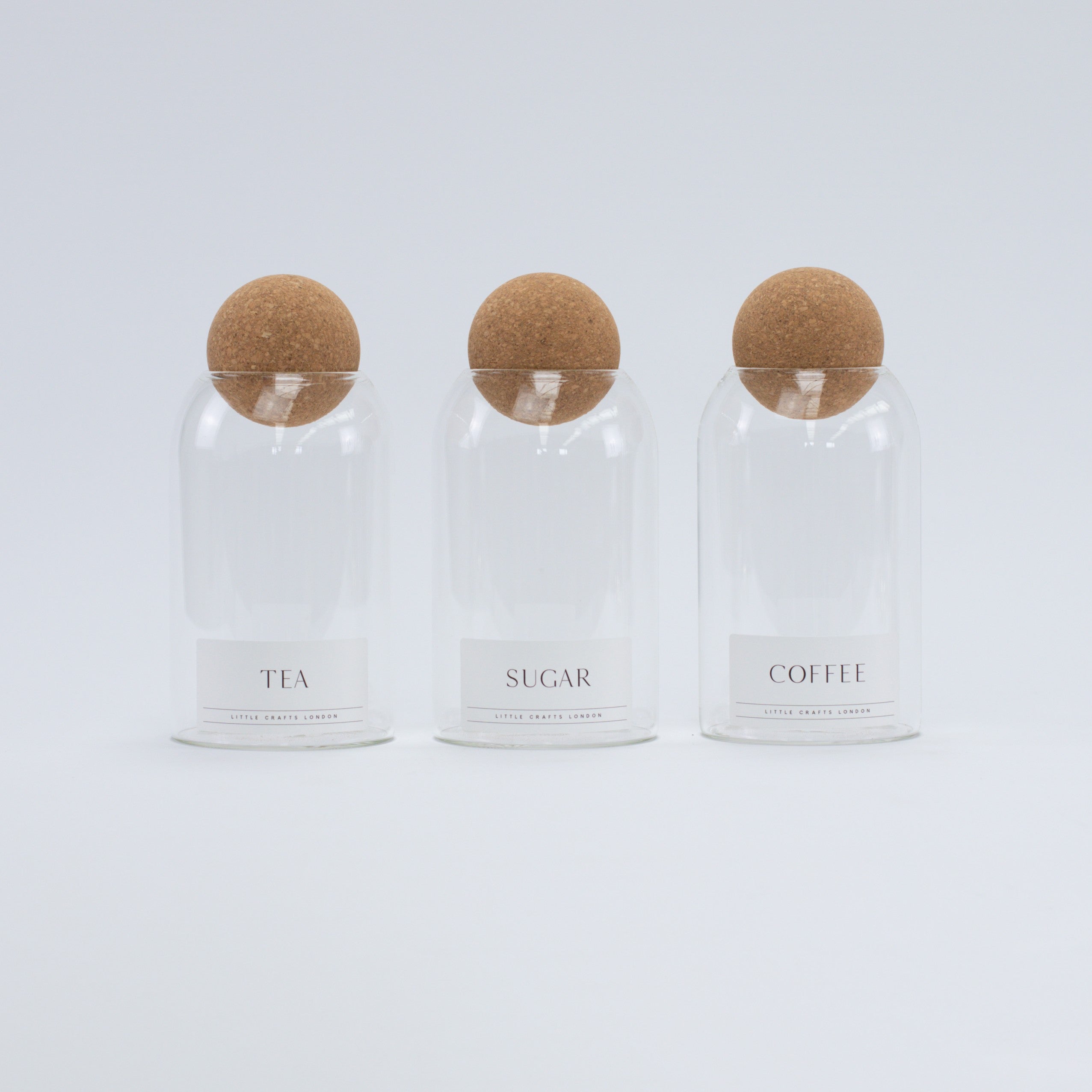 Set of 3 Cork Ball Glass Jars - Tea, Coffee and Sugar 800ml with Long Rectangle Tray - Little Crafts London