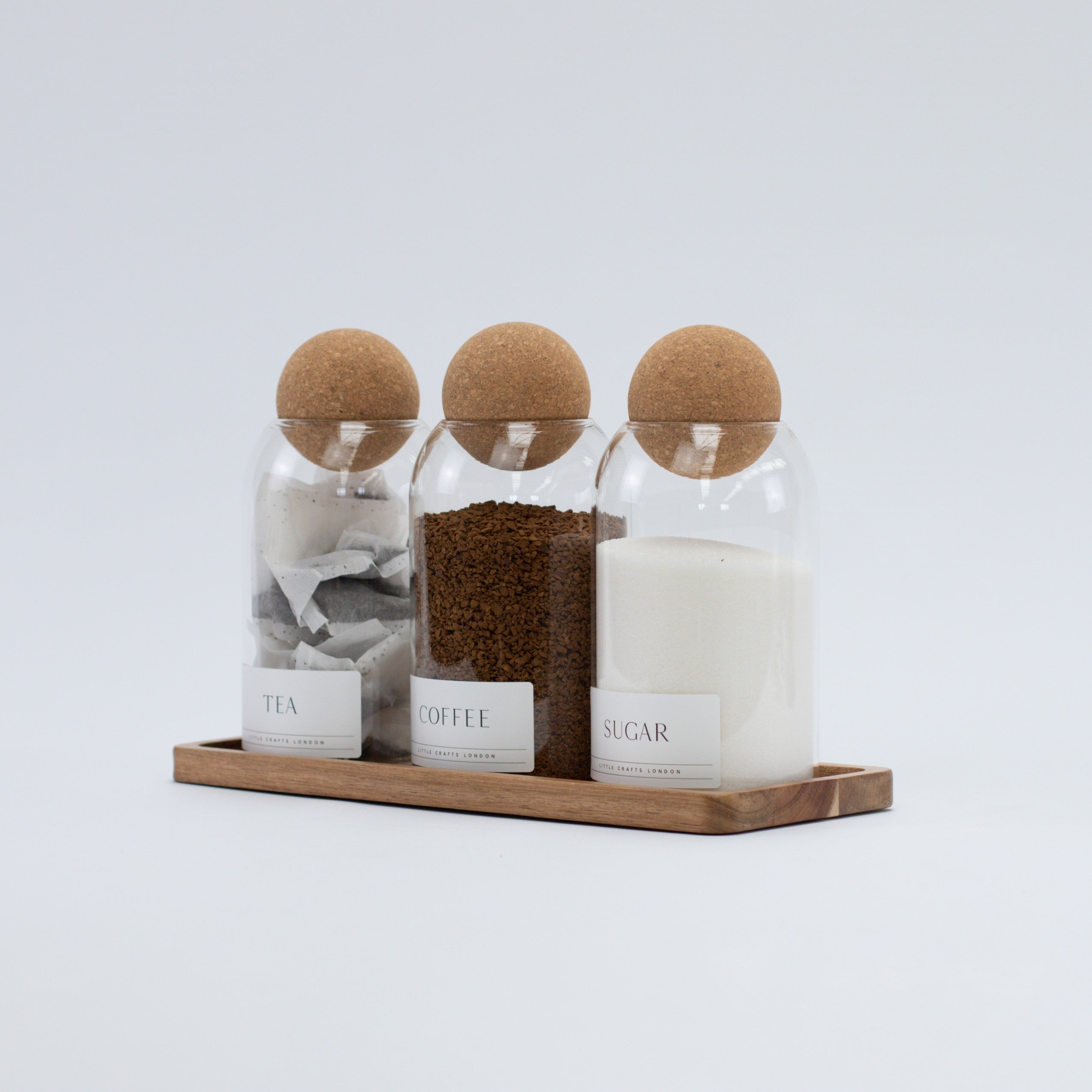 Set of 3 Cork Ball Glass Jars - Tea, Coffee and Sugar 800ml with Long Rectangle Tray - Little Crafts London