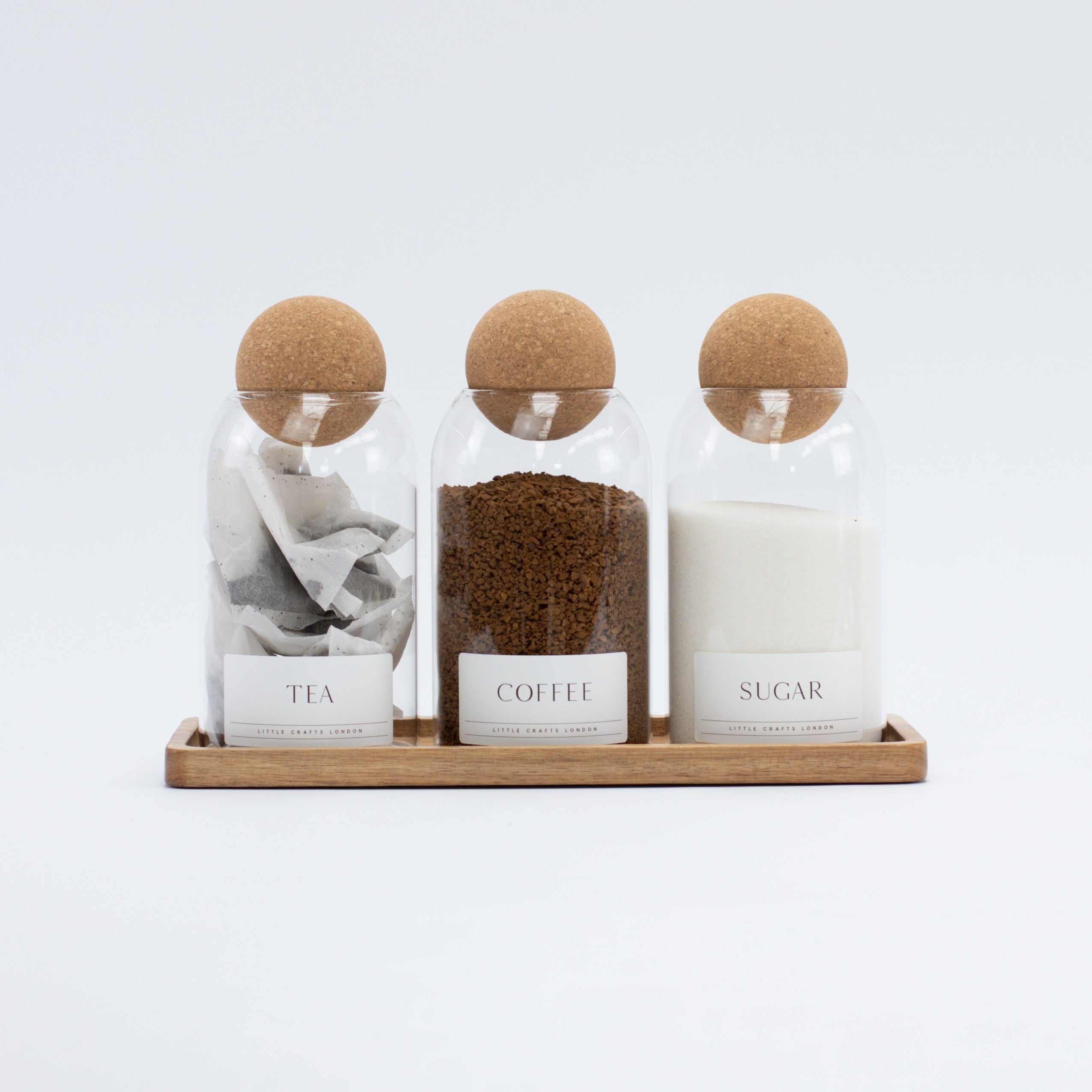 Set of 3 Cork Ball Glass Jars - Tea, Coffee and Sugar 800ml with Long Rectangle Tray - Little Crafts London
