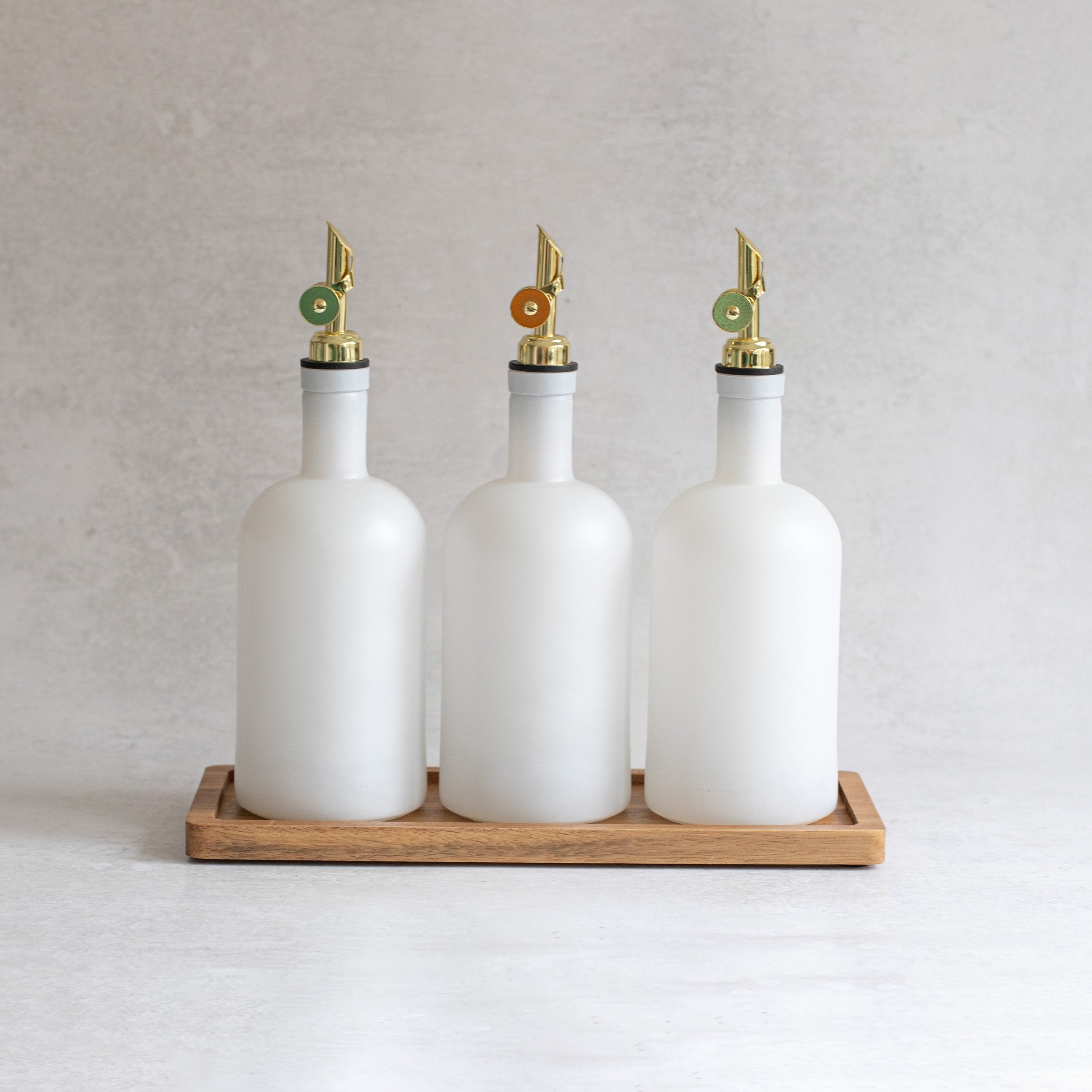 Set of 3 Frosted White Round Glass Oil Bottle 500 ML & Rectangle Tray - Little Crafts London