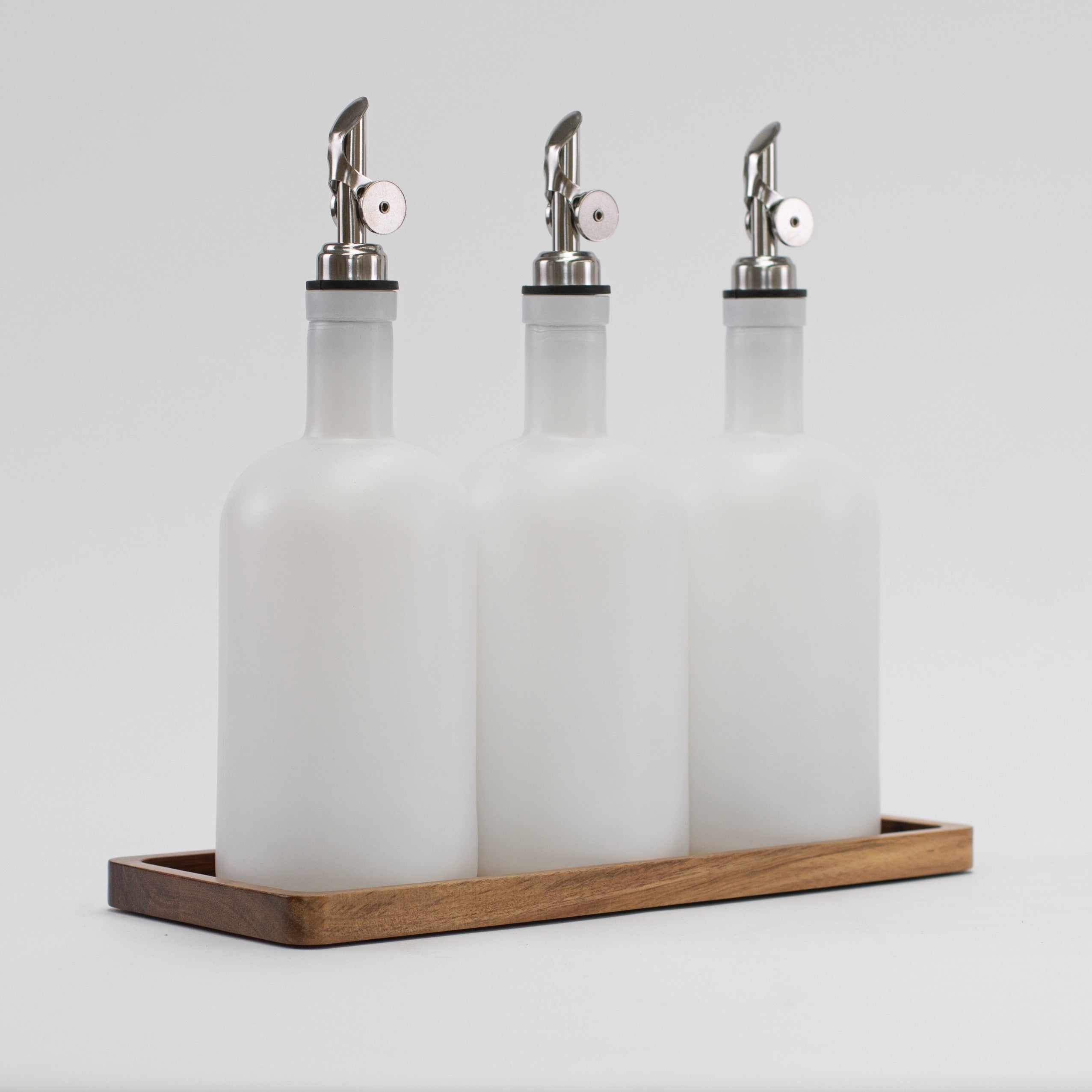Set of 3 Frosted White Round Glass Oil Bottle 500 ML & Rectangle Tray - Little Crafts London