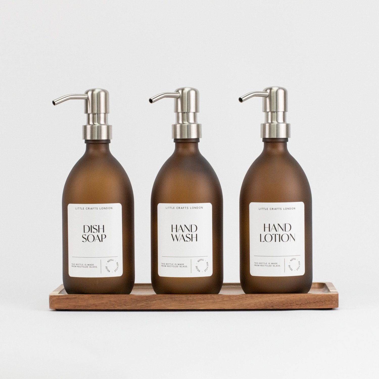 Set of 3 Reusable Frosted Amber Glass Bottles 500 ML with Stainless Steel Pump and Long Tray - Little Crafts London
