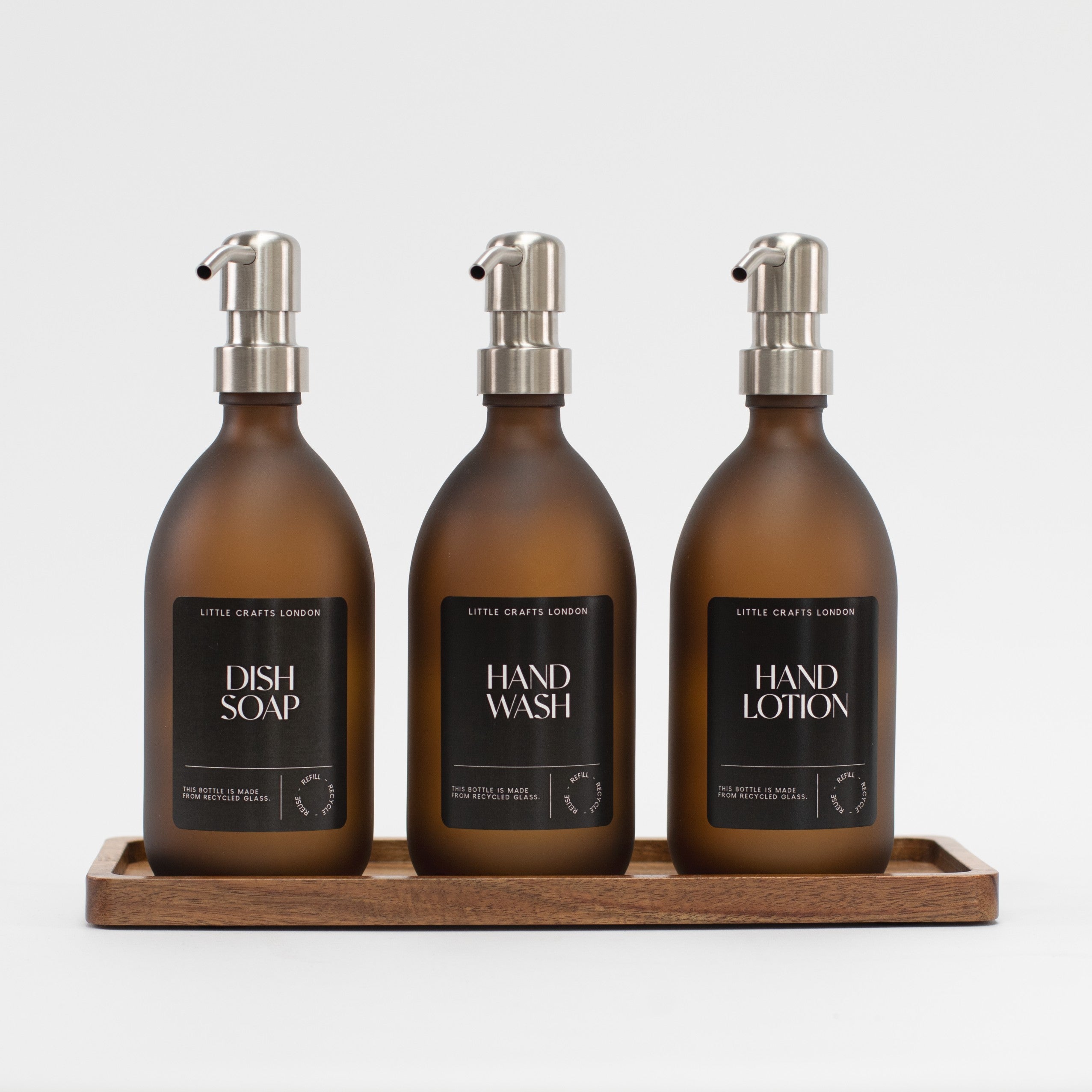 Set of 3 Reusable Frosted Amber Glass Bottles 500 ML with Stainless Steel Pump and Long Tray Black Label - Little Crafts London