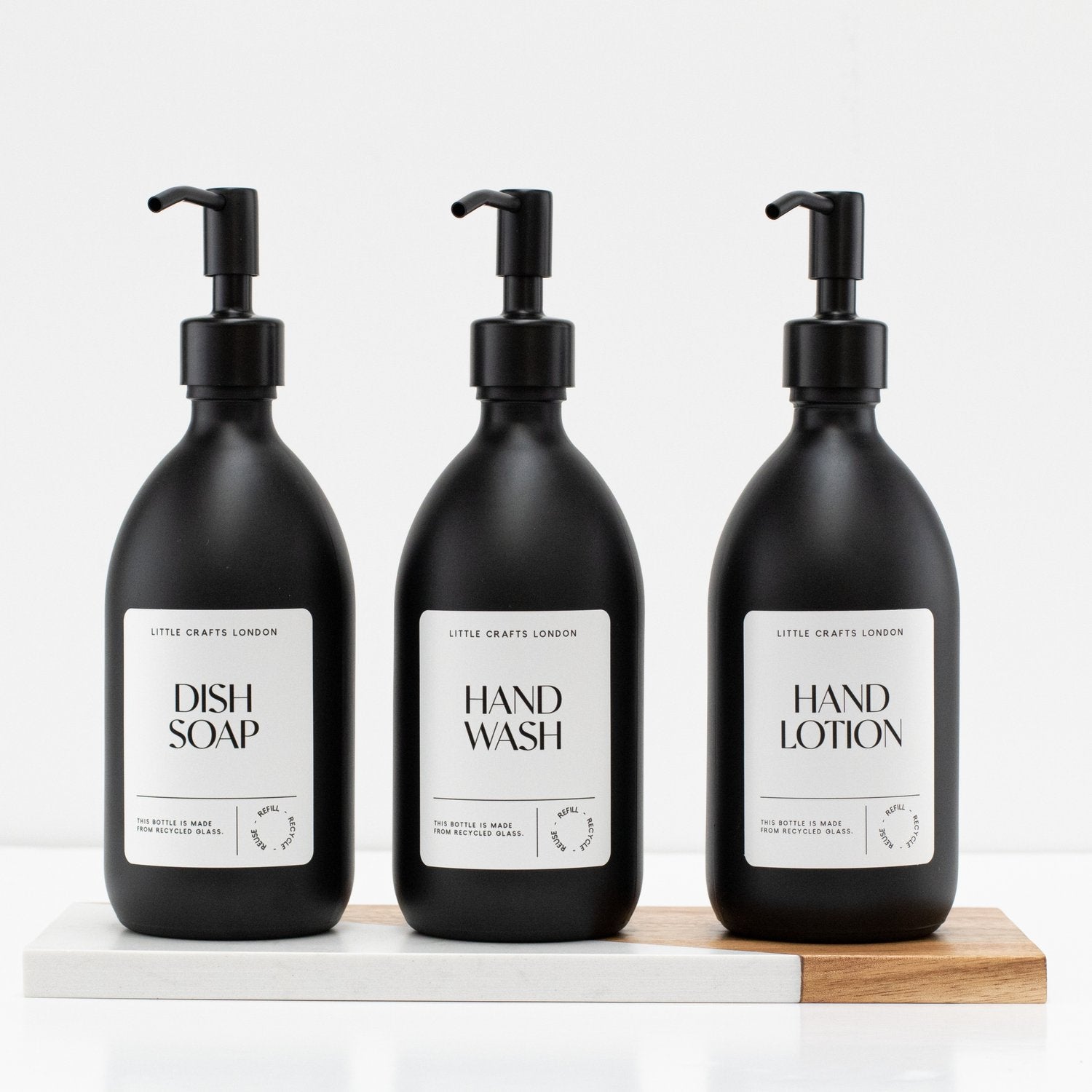 Set of 3 Reusable Matt Black Glass Bottles 500 ML with Stainless Steel Pump and Long Tray - Little Crafts London