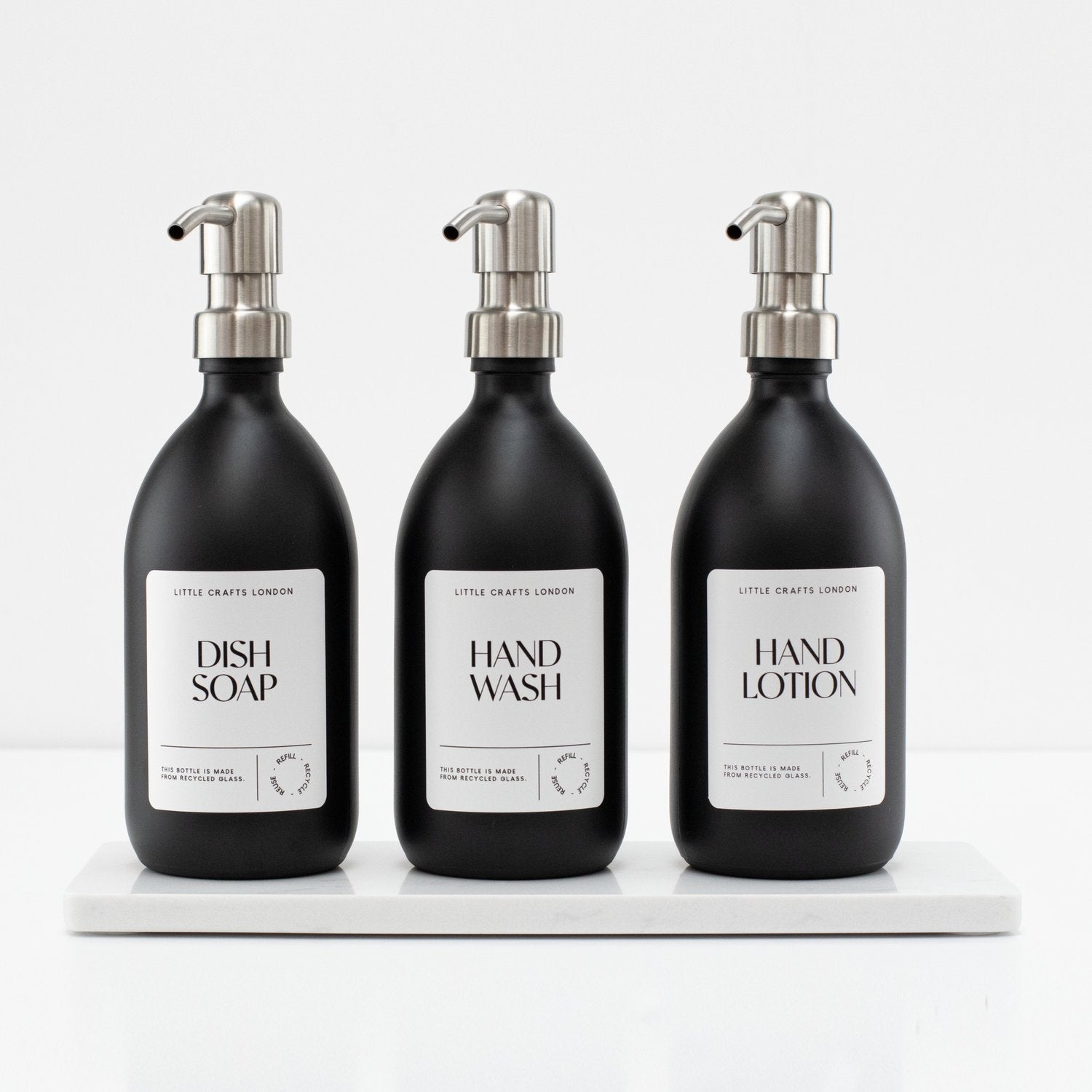 Set of 3 Reusable Matt Black Glass Bottles 500 ML with Stainless Steel Pump and Long Tray - Little Crafts London