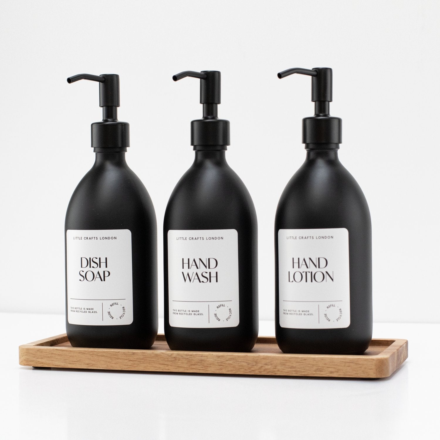 Set of 3 Reusable Matt Black Glass Bottles 500 ML with Stainless Steel Pump and Long Tray - Little Crafts London