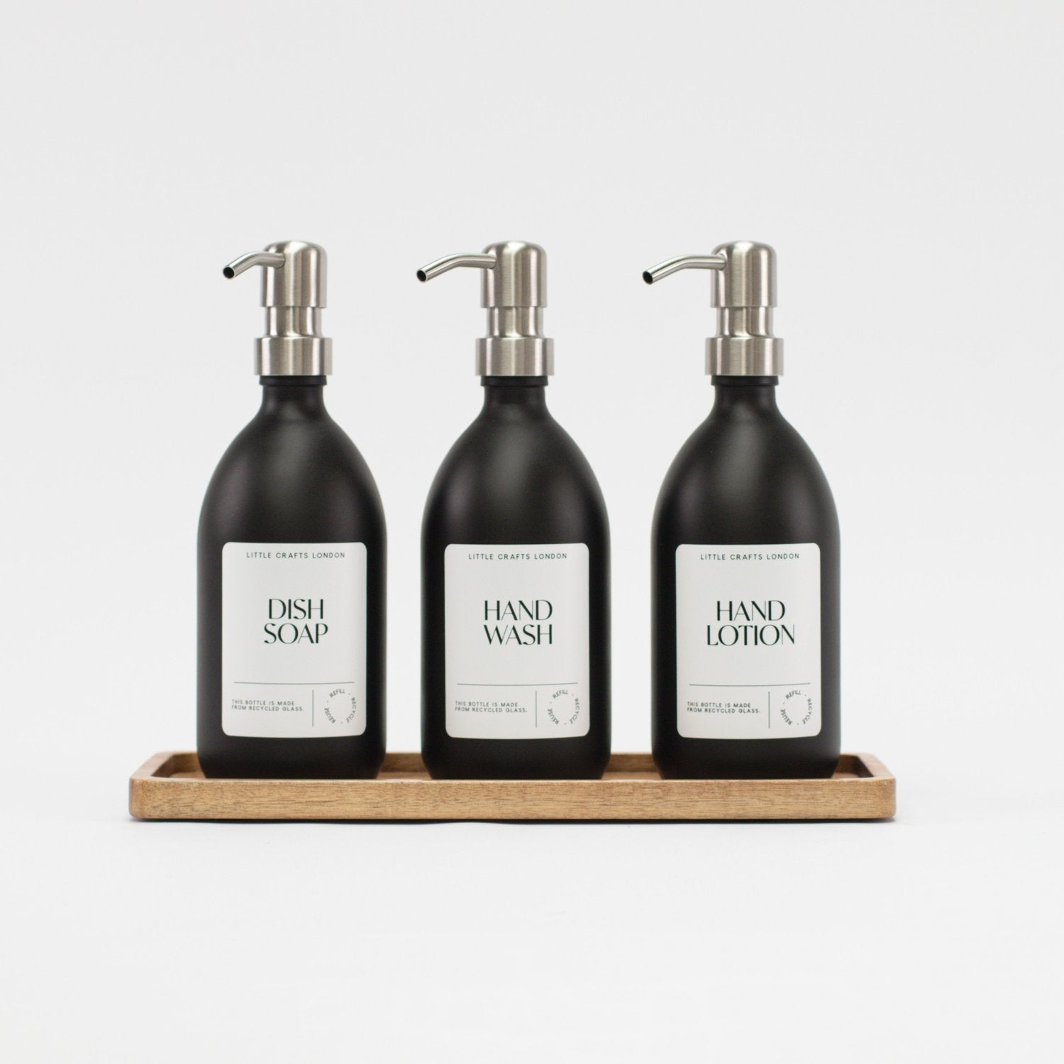 Set of 3 Reusable Matt Black Glass Bottles 500 ML with Stainless Steel Pump and Long Tray - Little Crafts London