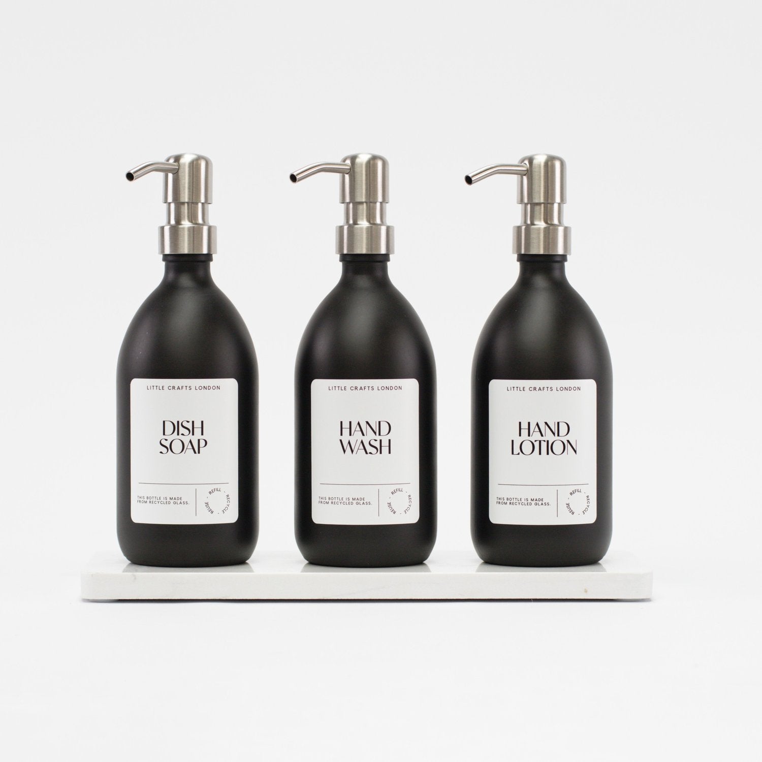 Set of 3 Reusable Matt Black Glass Bottles 500 ML with Stainless Steel Pump and Long Tray - Little Crafts London