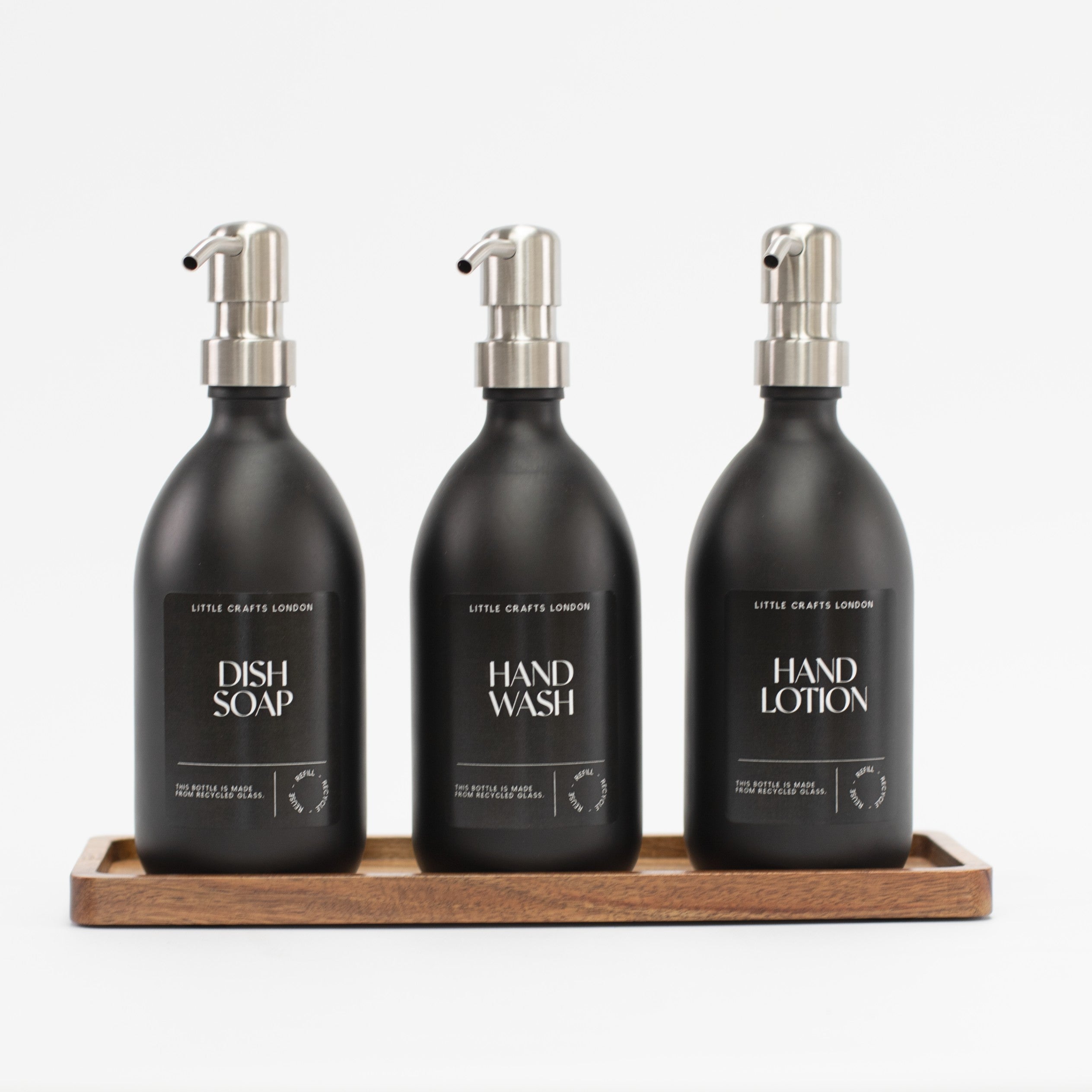 Set of 3 Reusable Matt Black Glass Bottles 500 ML with Stainless Steel Pump and Long Tray Black Label - Little Crafts London