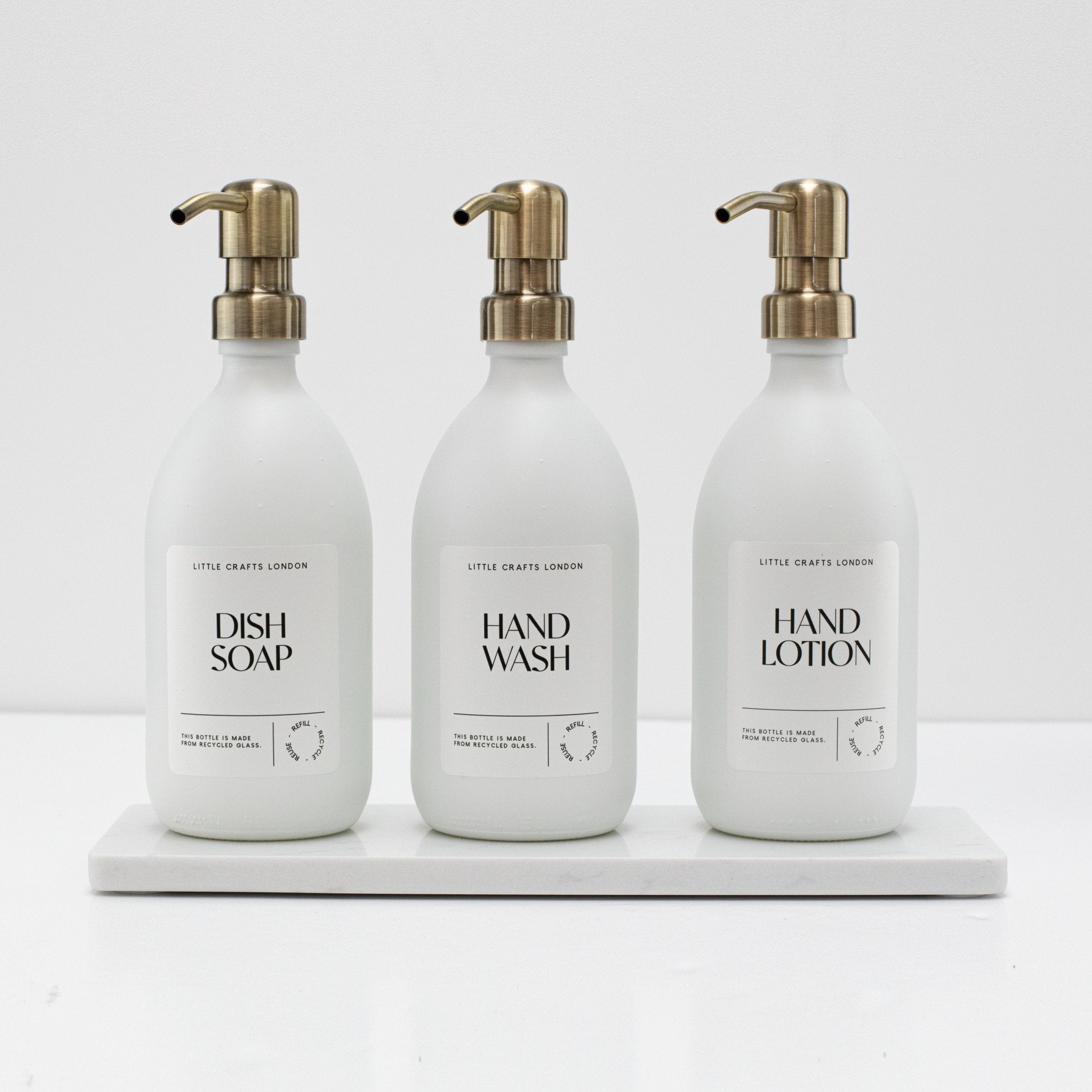 Set of 3 Reusable Milky White Glass Bottles 500 ML with Stainless Steel Pump and Long Tray - Little Crafts London