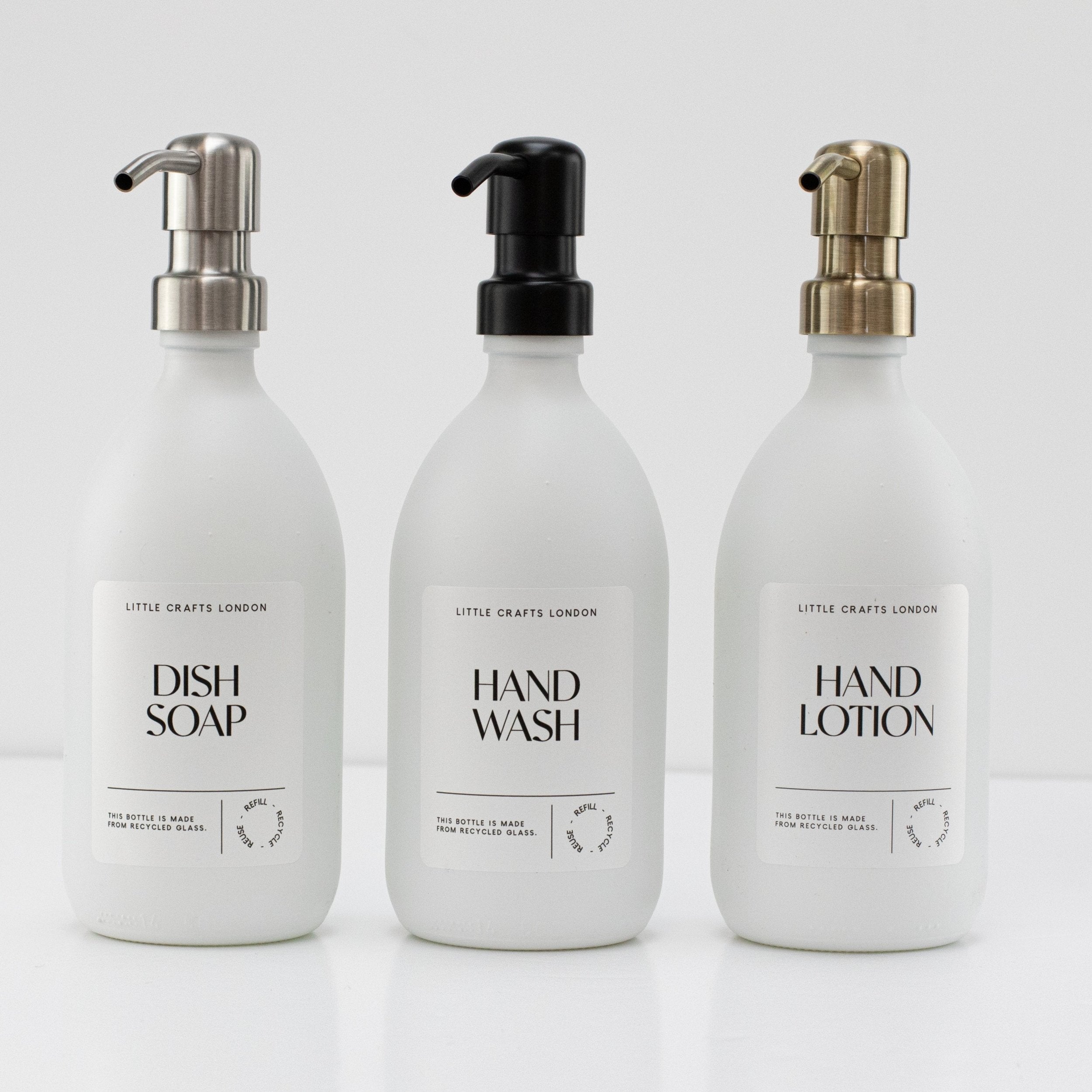 Set of 3 Reusable Milky White Glass Bottles 500 ML with Stainless Steel Pump and Long Tray - Little Crafts London