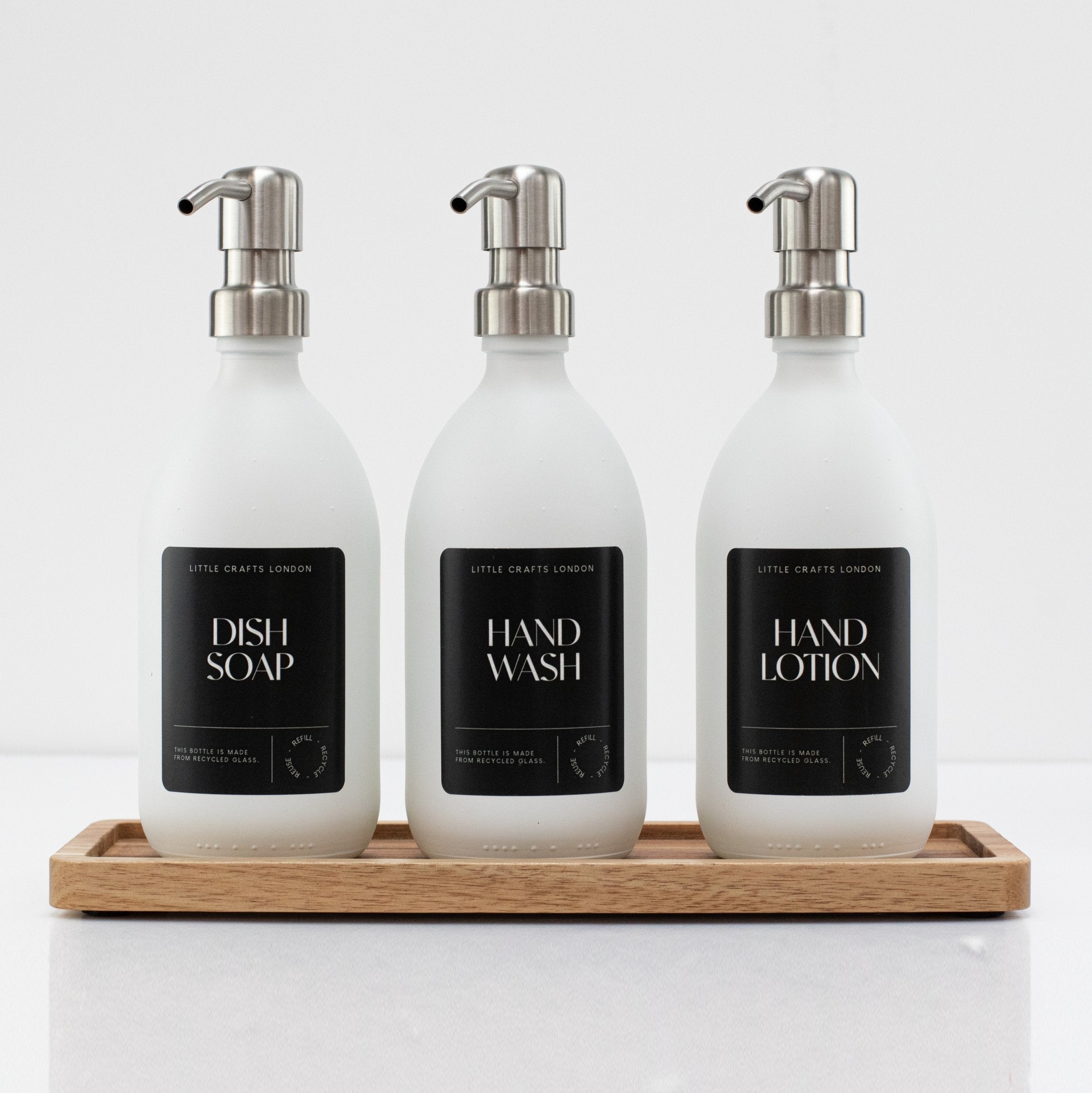 Set of 3 Reusable Milky White Glass Bottles 500 ML with Stainless Steel Pump and Long Tray Black Label - Little Crafts London