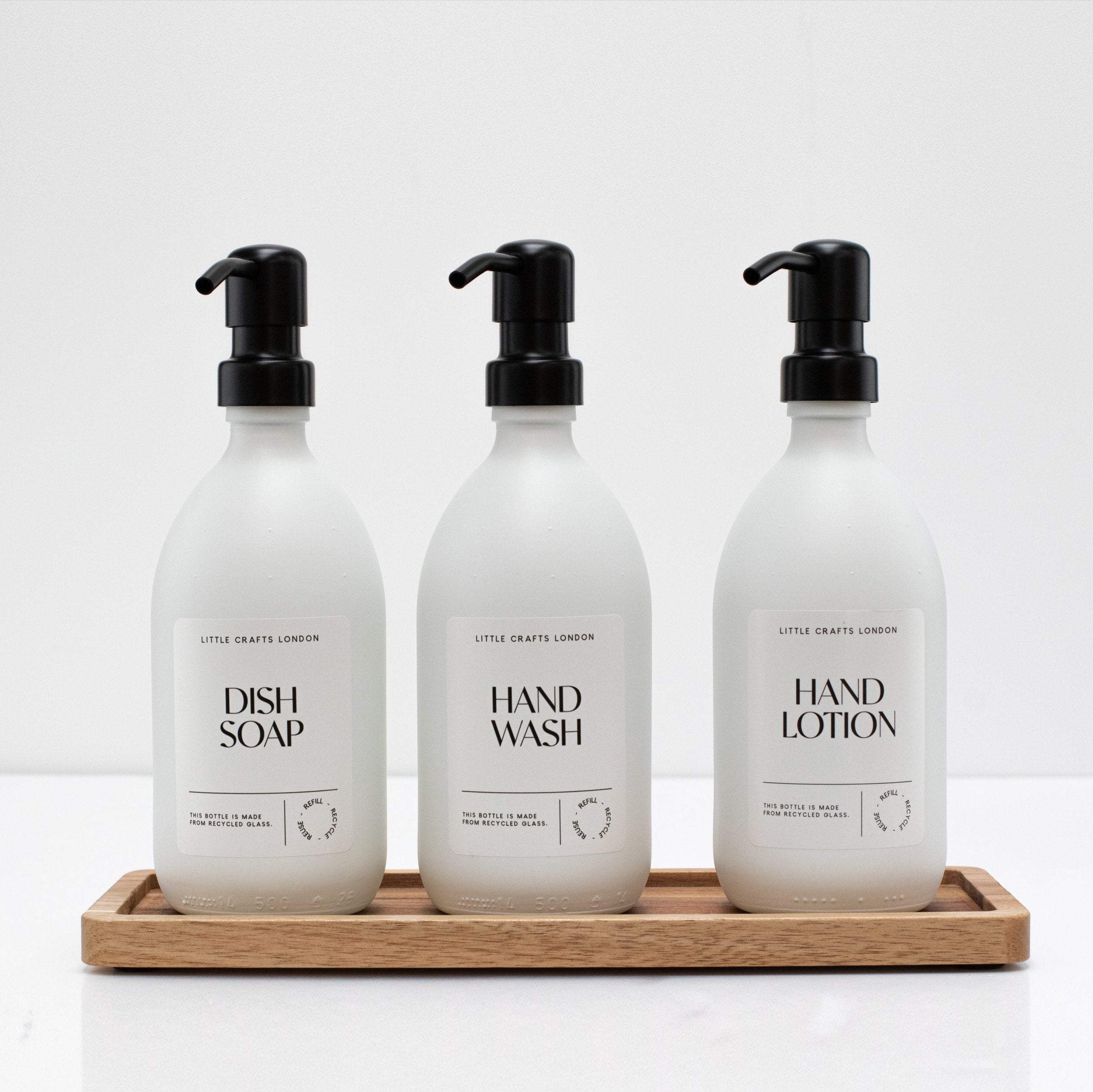 Set of 3 Reusable Milky White Glass Bottles 500 ML with Stainless Steel Pump and Long Tray - Little Crafts London