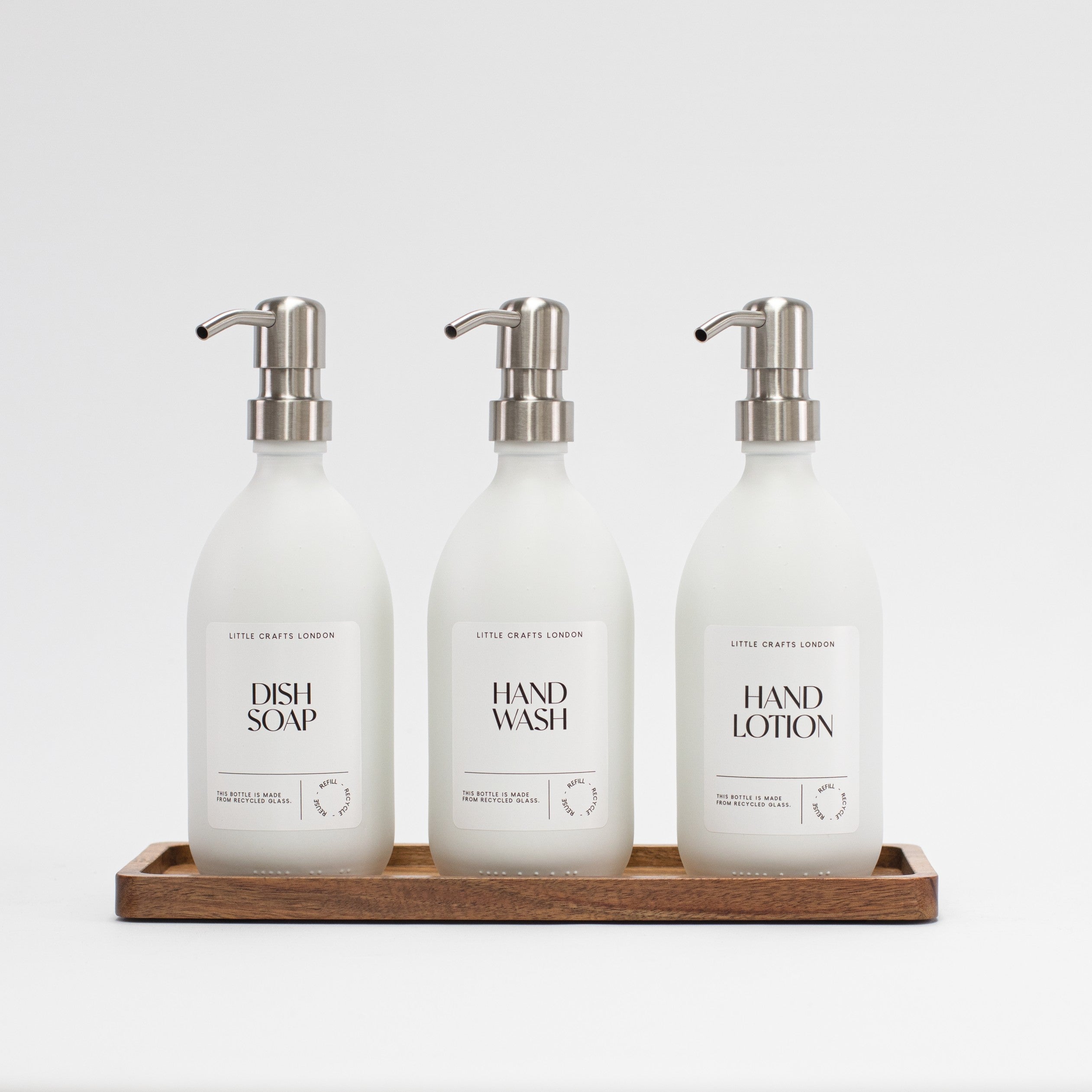 Set of 3 Reusable Milky White Glass Bottles 500 ML with Stainless Steel Pump and Long Tray - Little Crafts London
