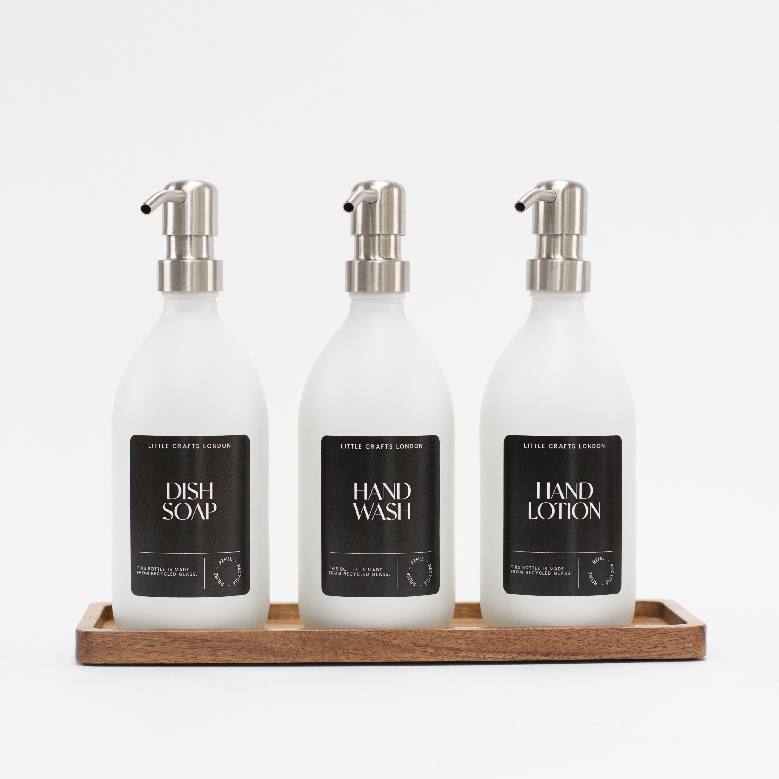 Set of 3 Reusable Milky White Glass Bottles 500 ML with Stainless Steel Pump and Long Tray Black Label - Little Crafts London