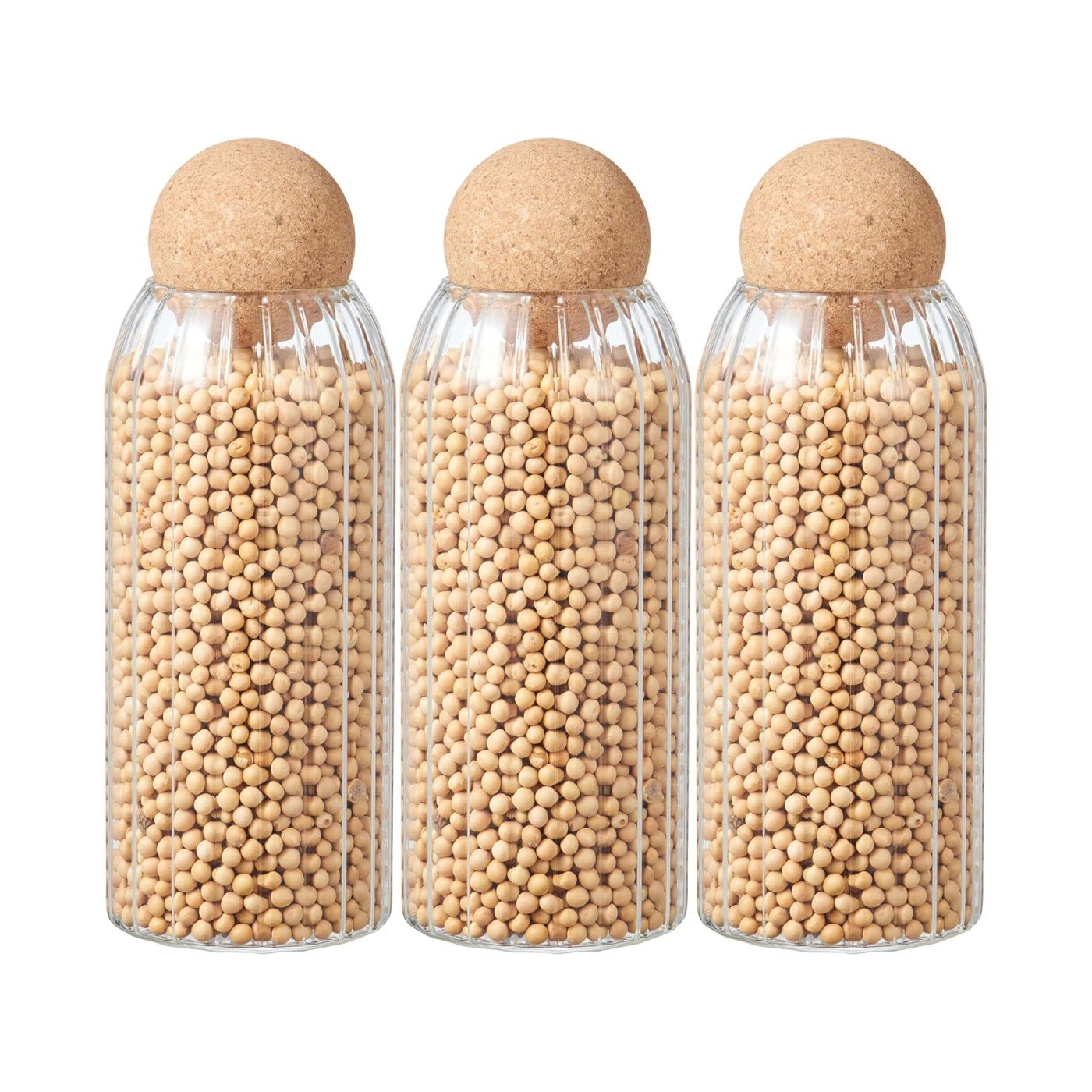 Set of 3 Ribbed 1200 ML Cork Ball Jars - Little Crafts London