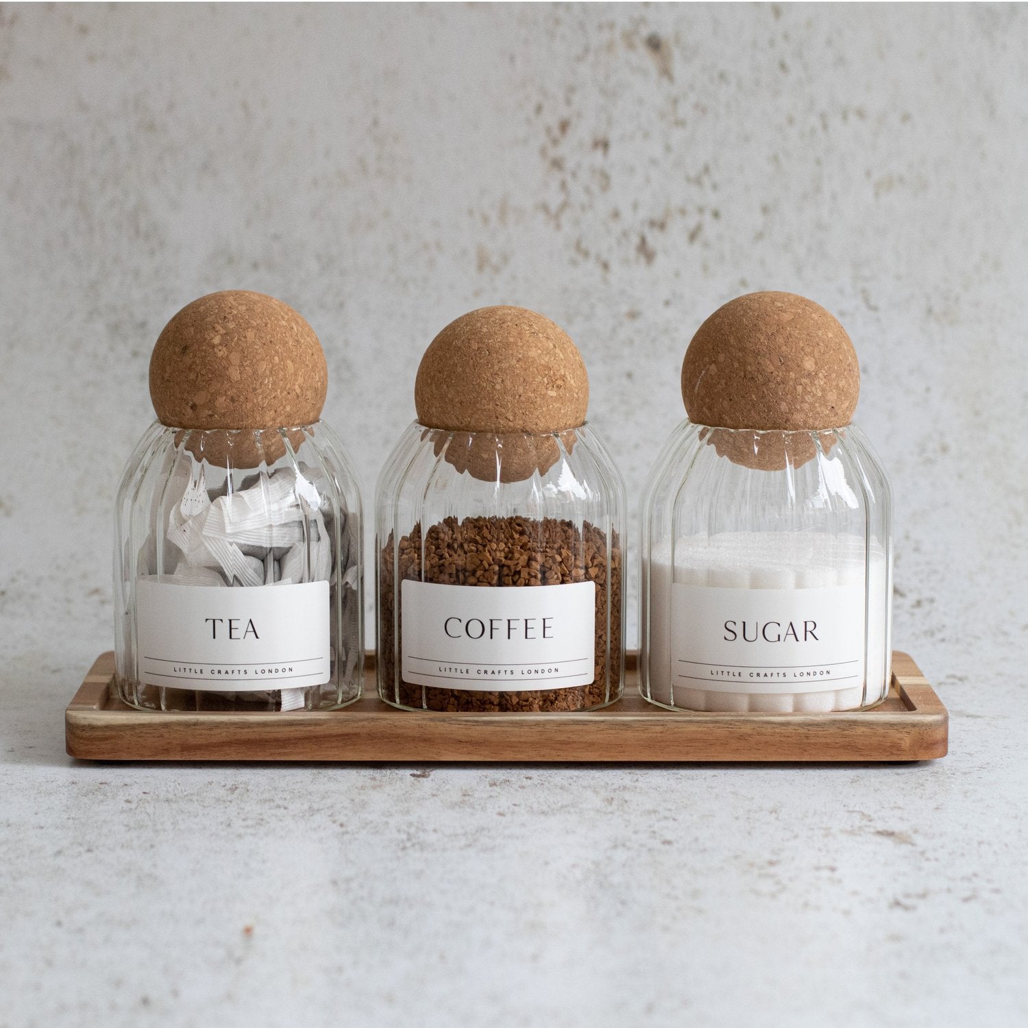 Set of 3 Ribbed Cork Ball Glass Jars - Tea, Coffee and Sugar 500ml with Long Tray - Little Crafts London