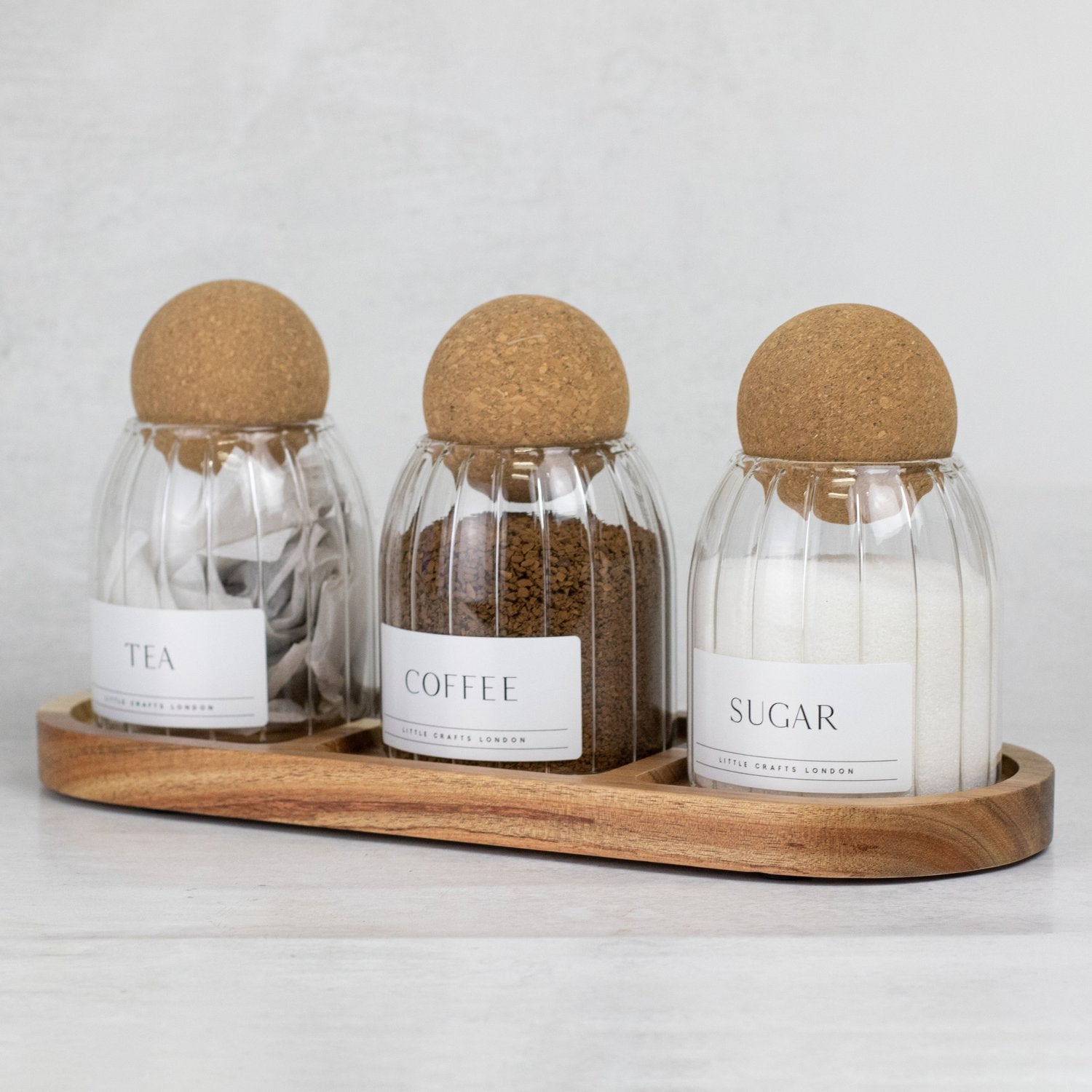 Set of 3 Ribbed Cork Ball Glass Jars - Tea, Coffee and Sugar 500ml with Long Tray - Little Crafts London