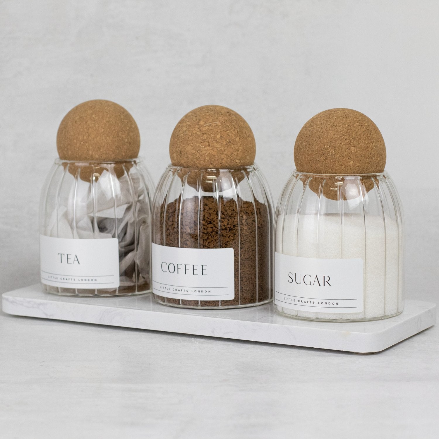 Set of 3 Ribbed Cork Ball Glass Jars - Tea, Coffee and Sugar 500ml with Long Tray - Little Crafts London