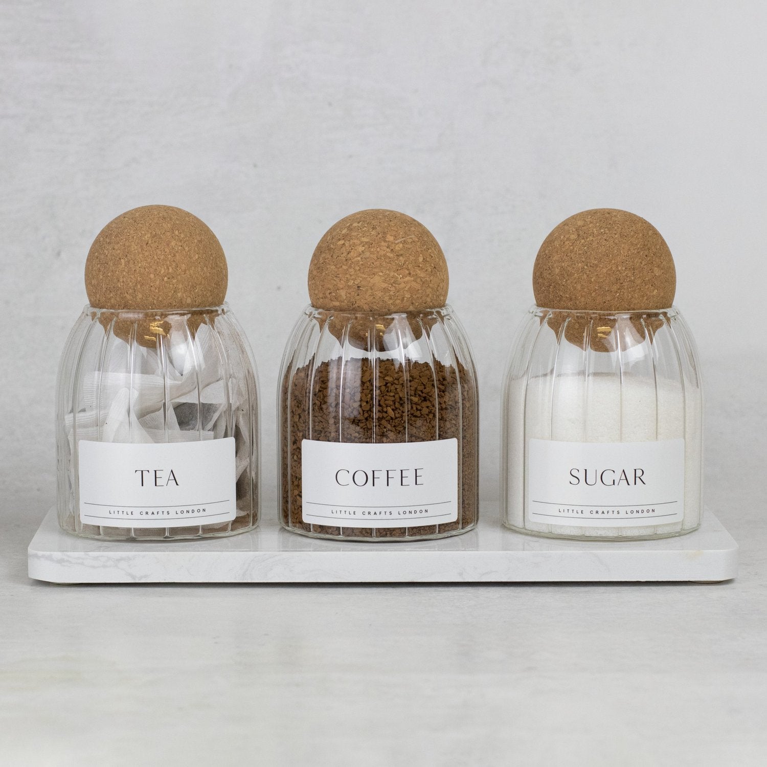 Set of 3 Ribbed Cork Ball Glass Jars - Tea, Coffee and Sugar 500ml with Long Tray - Little Crafts London