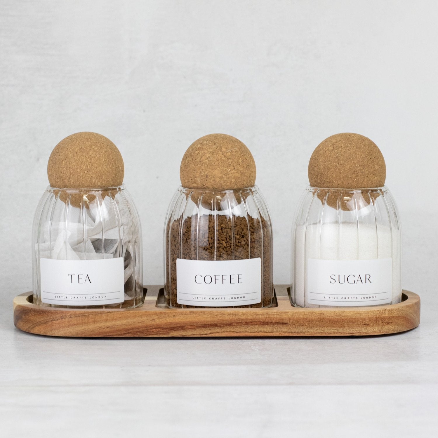 Set of 3 Ribbed Cork Ball Glass Jars - Tea, Coffee and Sugar 500ml with Long Tray - Little Crafts London